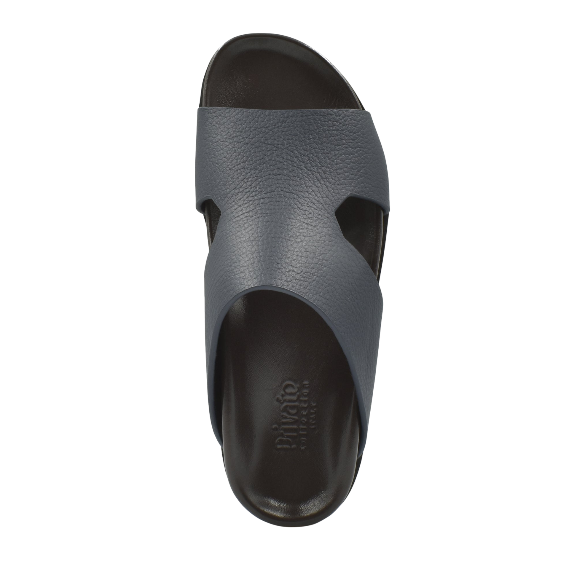 Black and gray luxury leather sandals with open toe and slip-on design from Private Collection