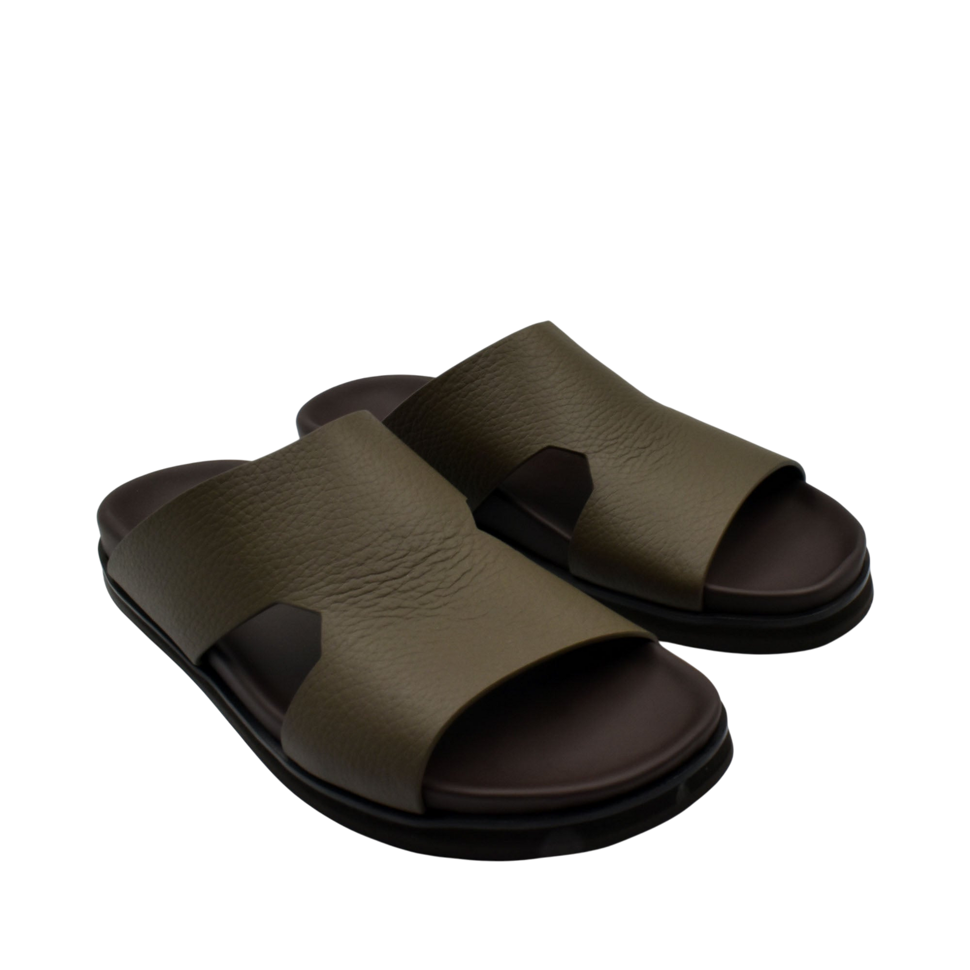 Private collection luxury leather sandals in olive green with open toe and cushioned sole
