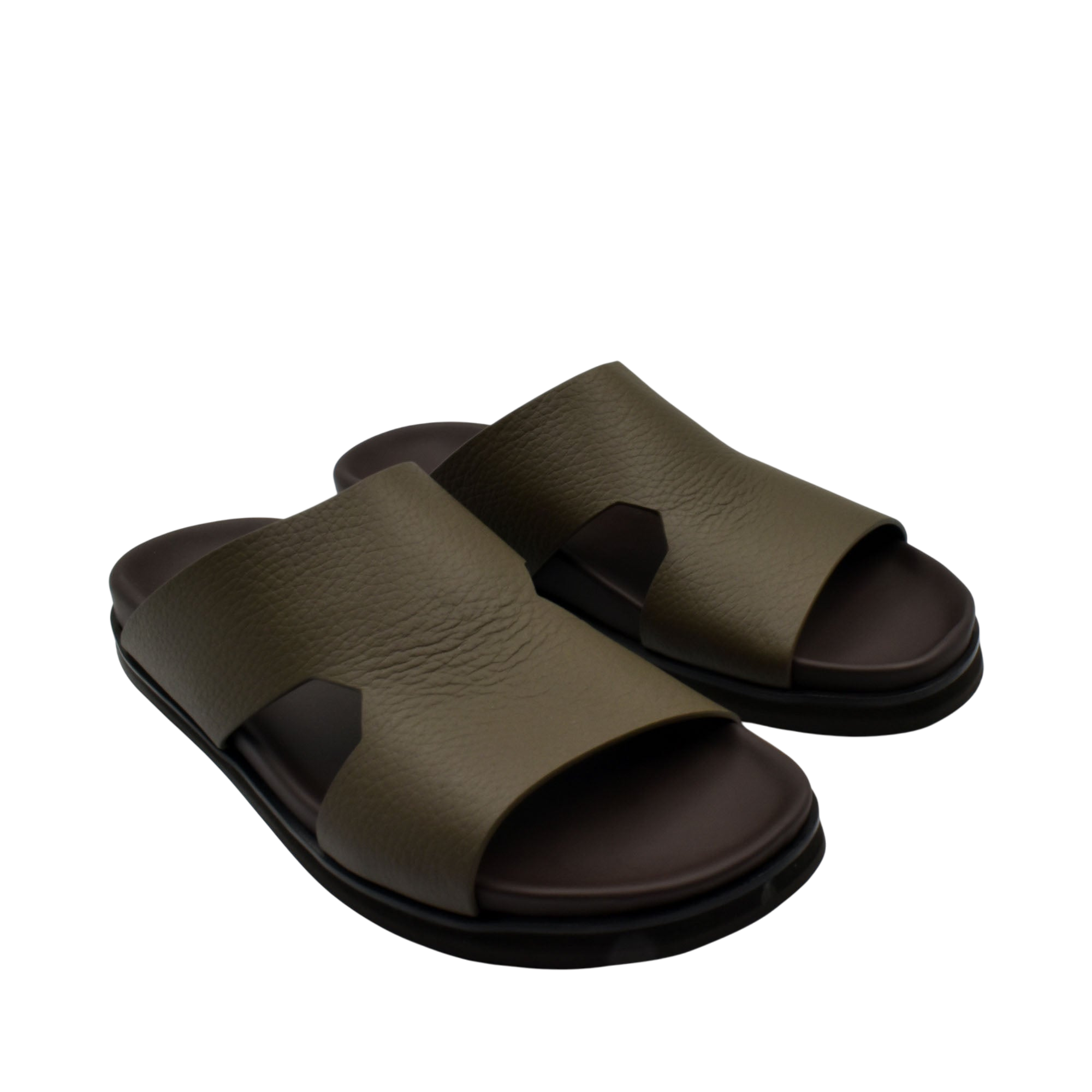 Private collection luxury leather sandals in olive green with open toe and cushioned sole
