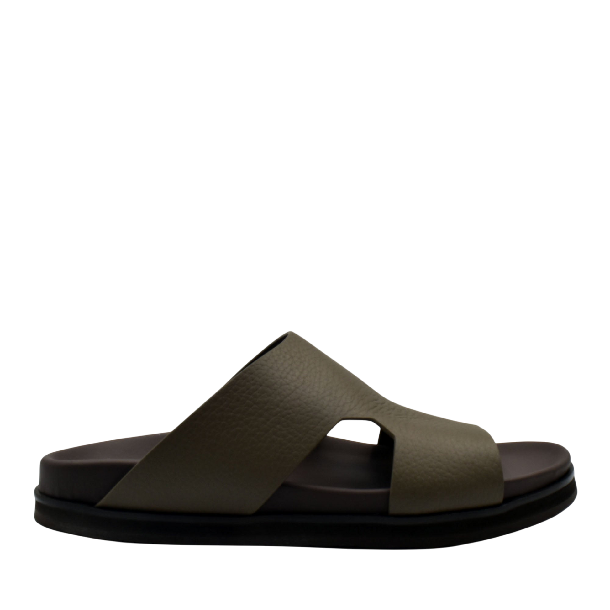 Luxury leather sandals in dark olive color with a thick sole and open toe design