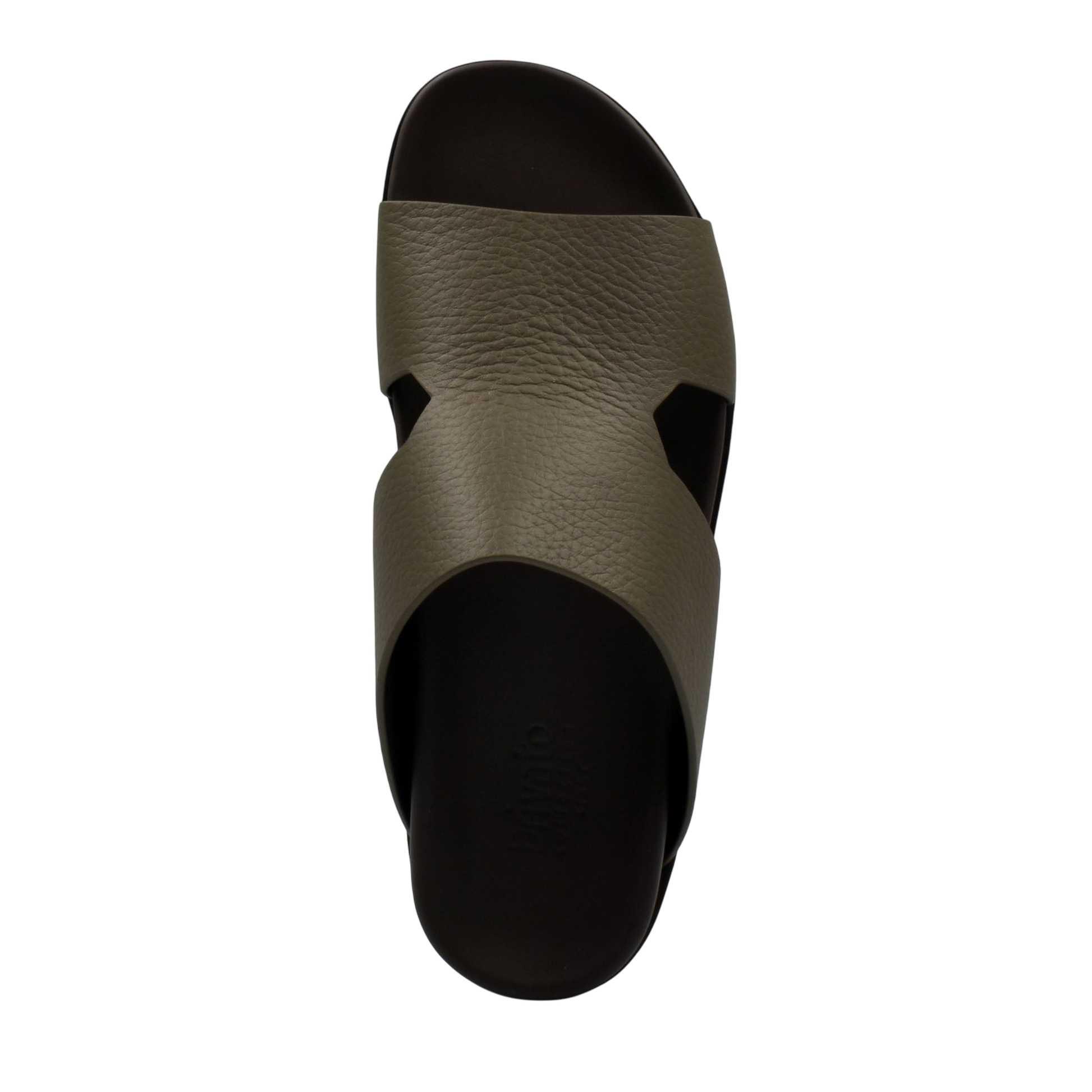 Top view of luxury leather sandals in olive green with black sole from private collection