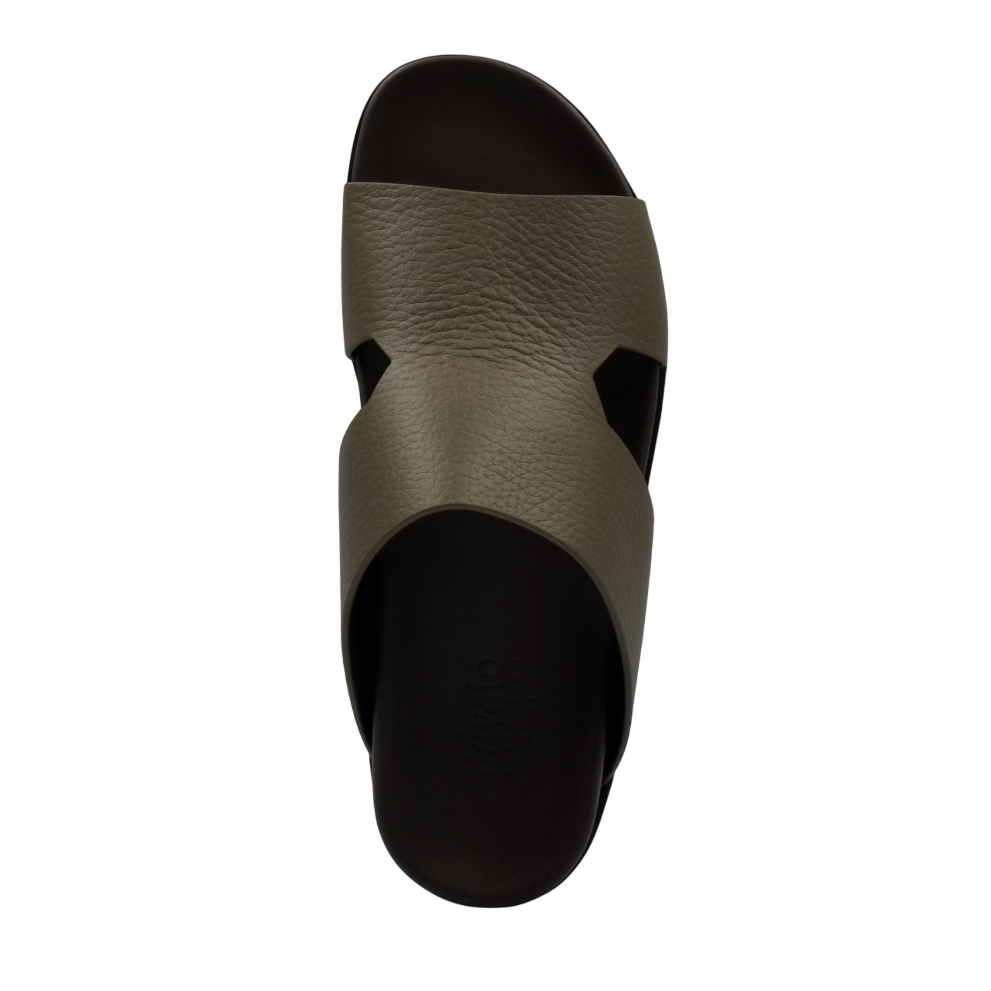Top view of luxury leather sandals in olive green with black sole from private collection