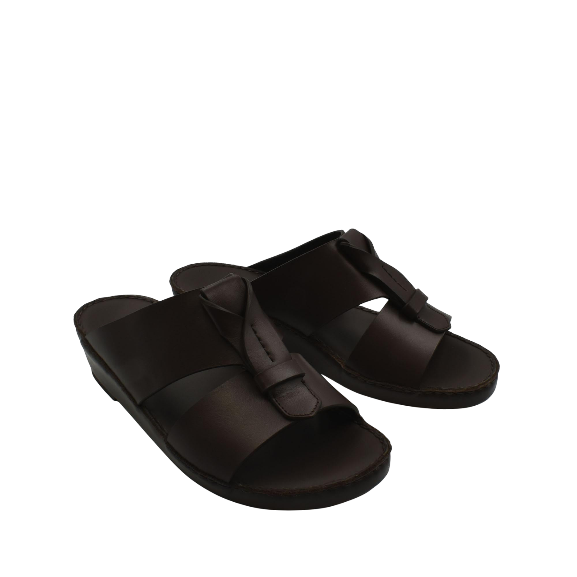 Pair of dark brown luxury leather sandals with wide straps and cushioned soles
