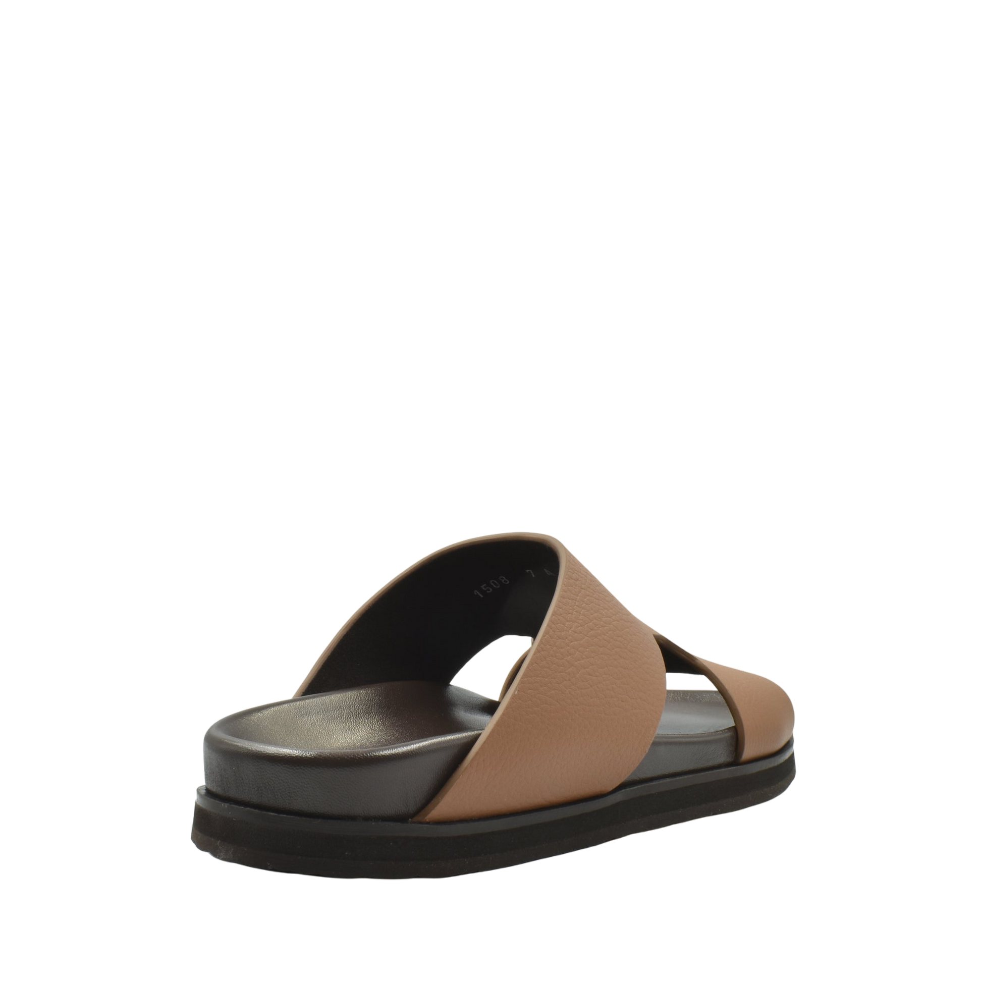 Brown luxury leather sandals with black sole from Private Collection shown from rear side angle