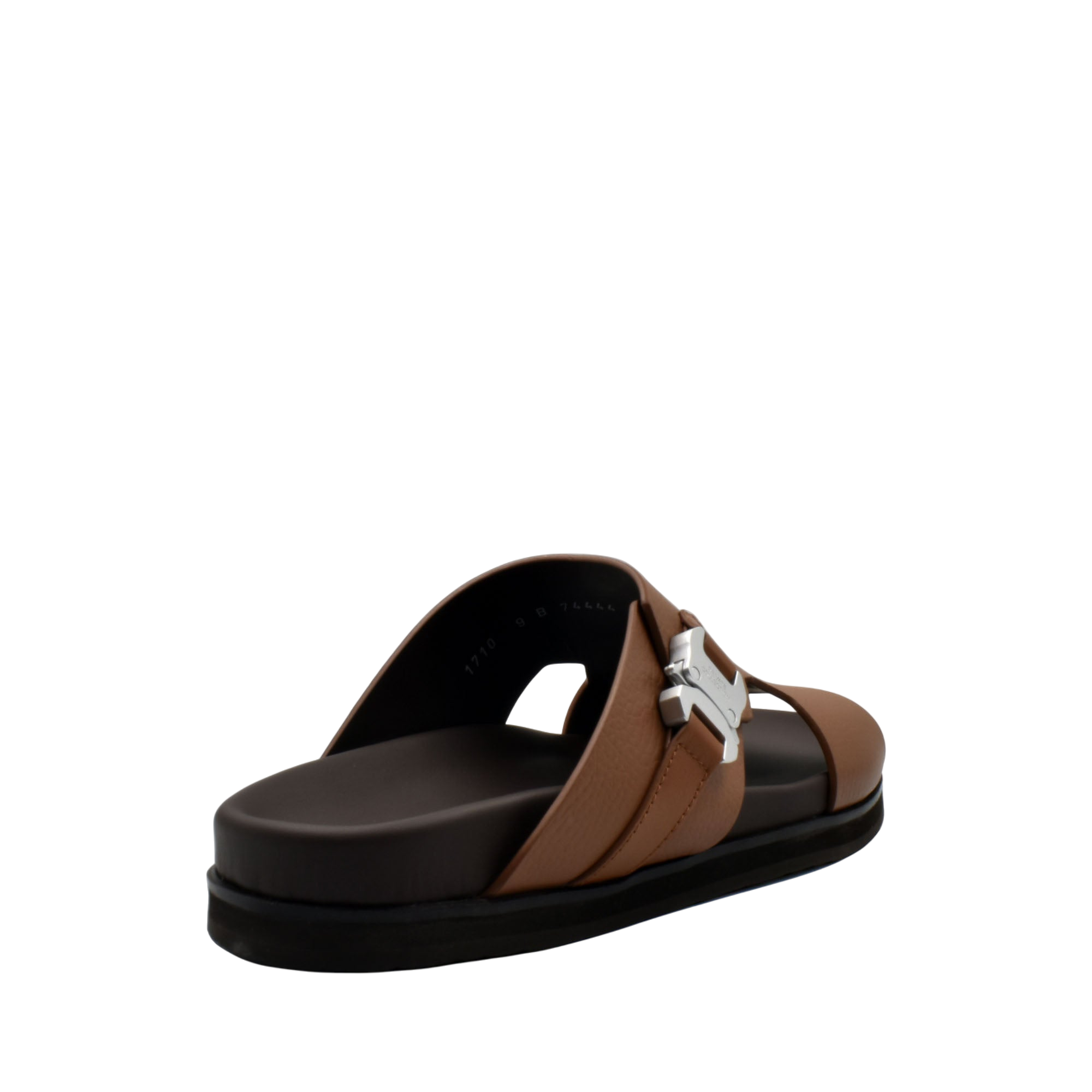 Brown luxury leather sandals with black sole and silver buckle from Private Collection