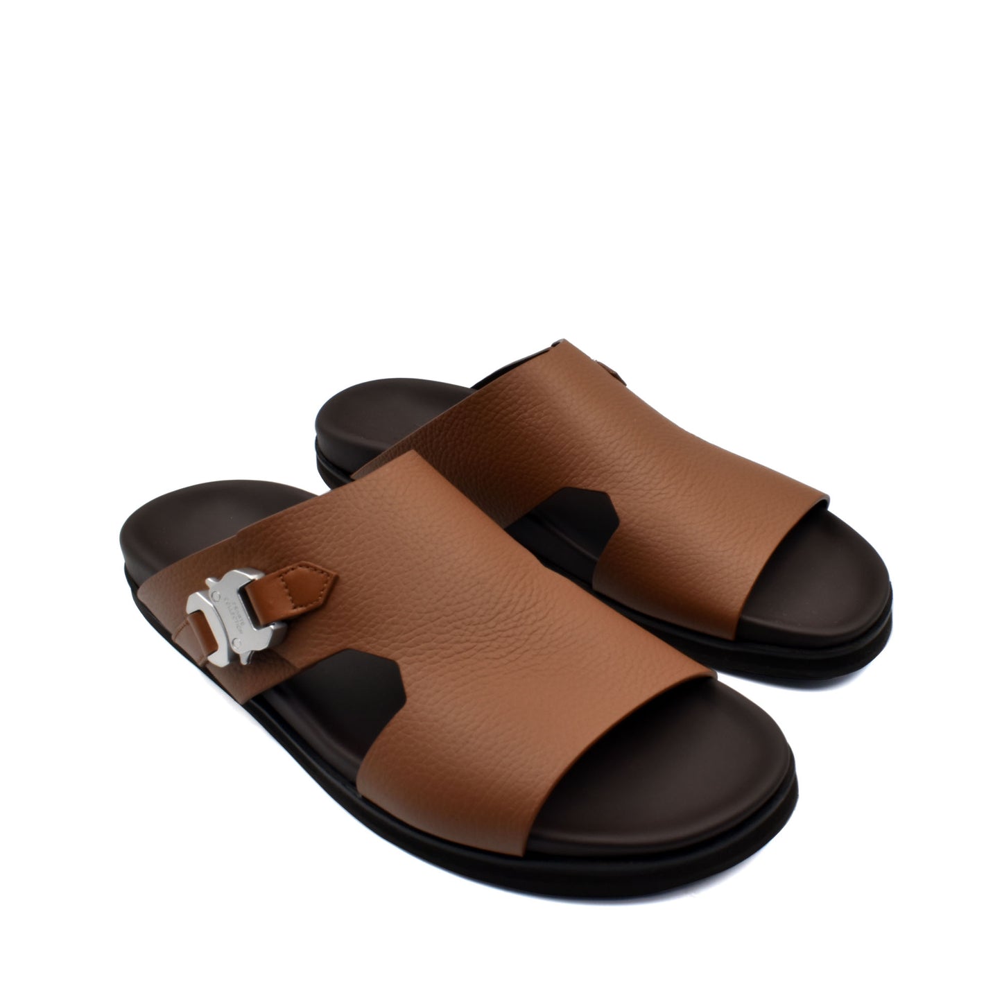 Private Collection brown luxury leather sandals with black sole and silver buckle detail
