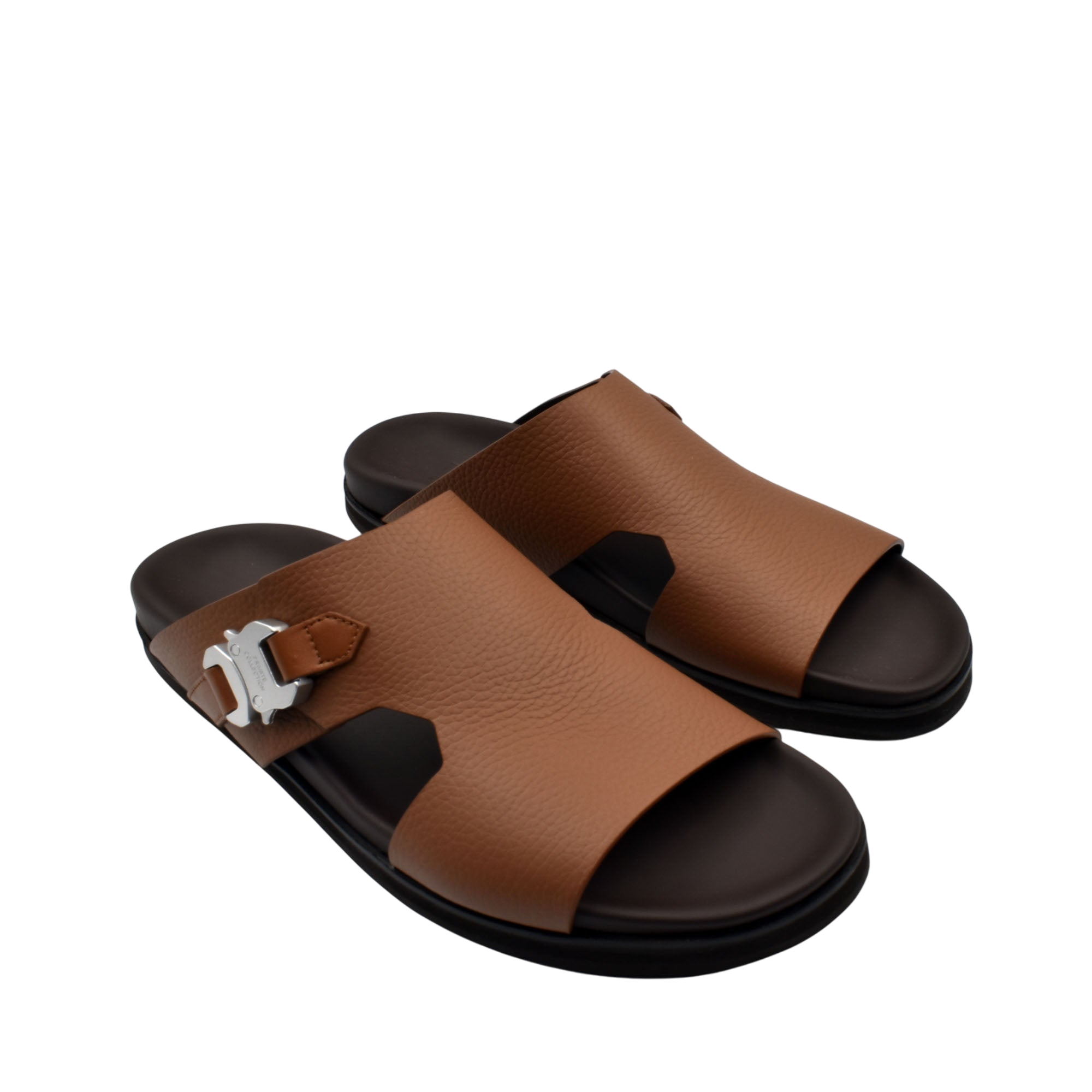 Private Collection brown luxury leather sandals with black sole and silver buckle detail