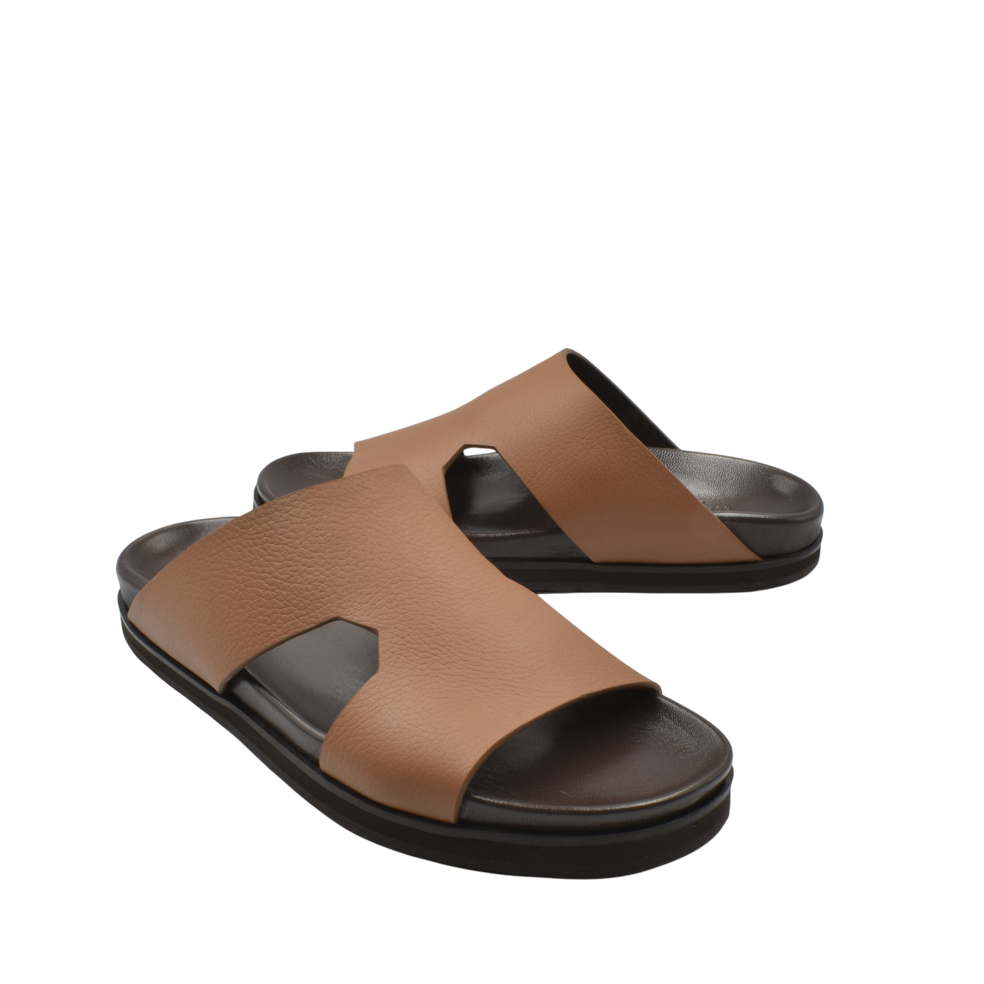 Brown luxury leather sandals with open toe and black cushioned sole for comfortable wear