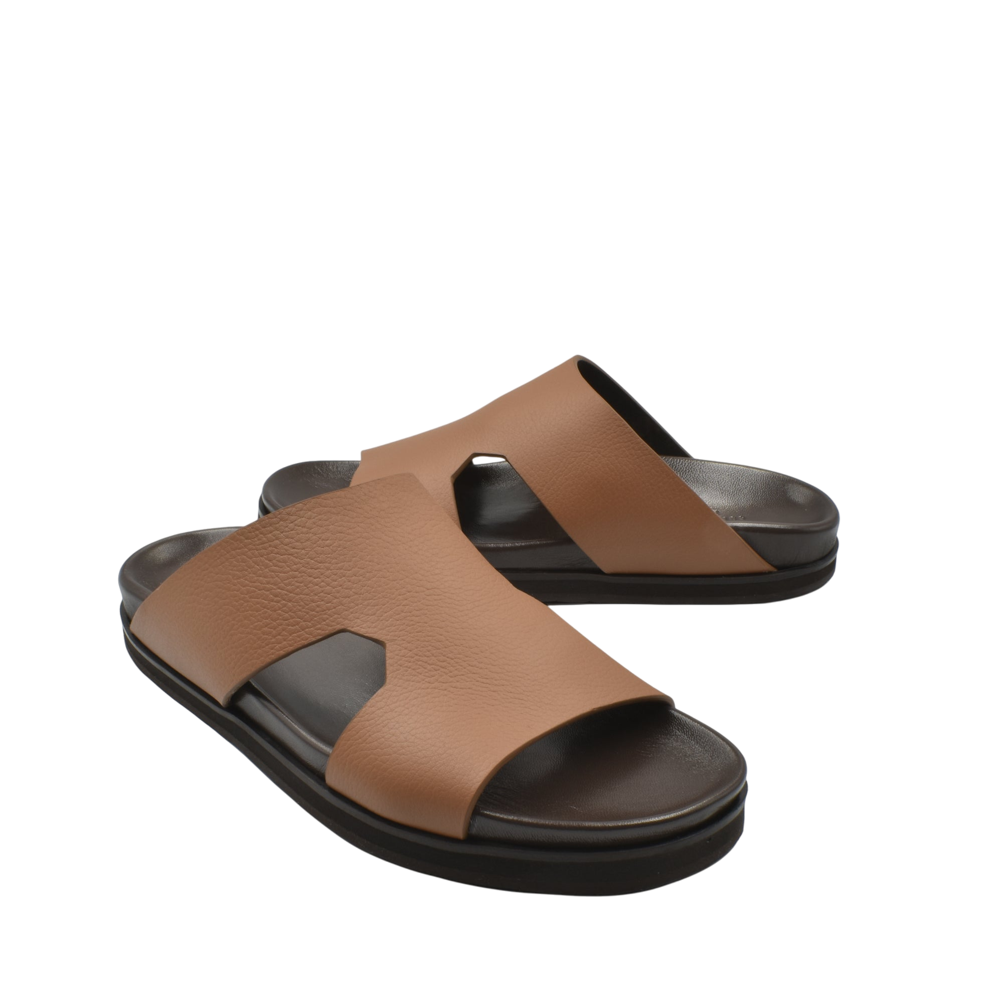 Brown luxury leather sandals with open toe and black cushioned sole for comfortable wear