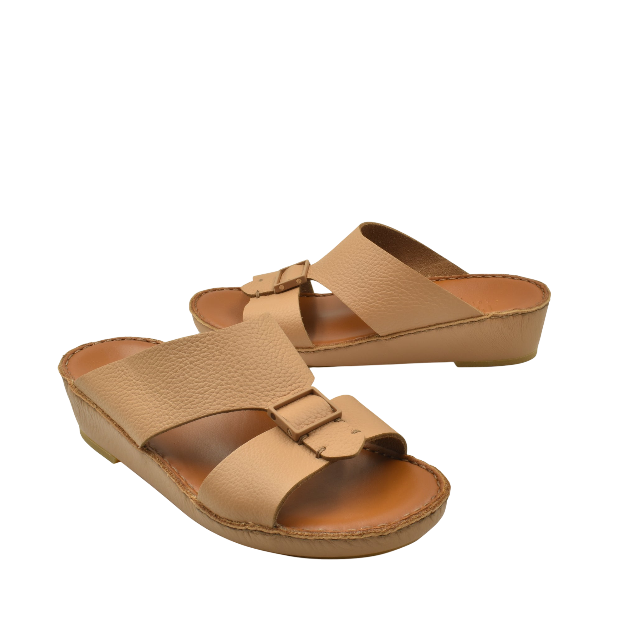 Private Collection beige luxury leather sandals with adjustable buckle straps and low wedge heels