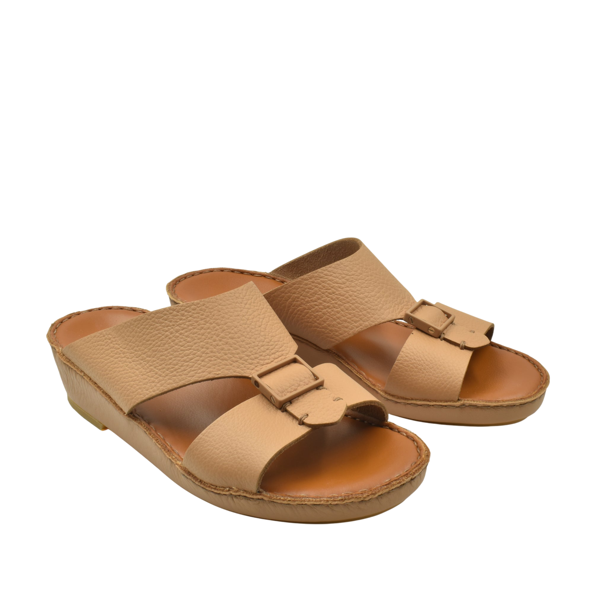 Pair of beige luxury leather sandals with adjustable straps and cushioned sole from Private Collection