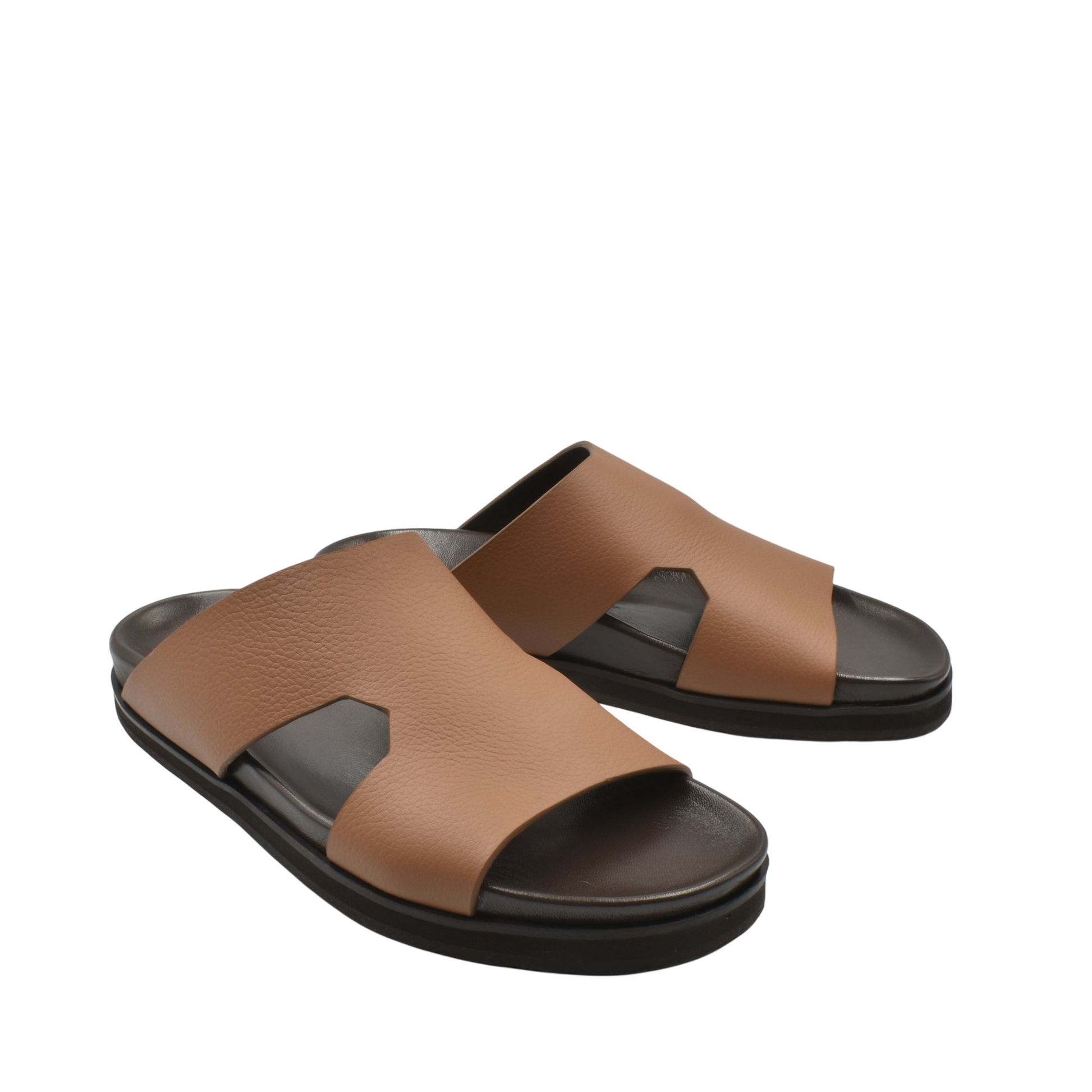Brown luxury leather sandals with black soles featuring wide straps and open toes