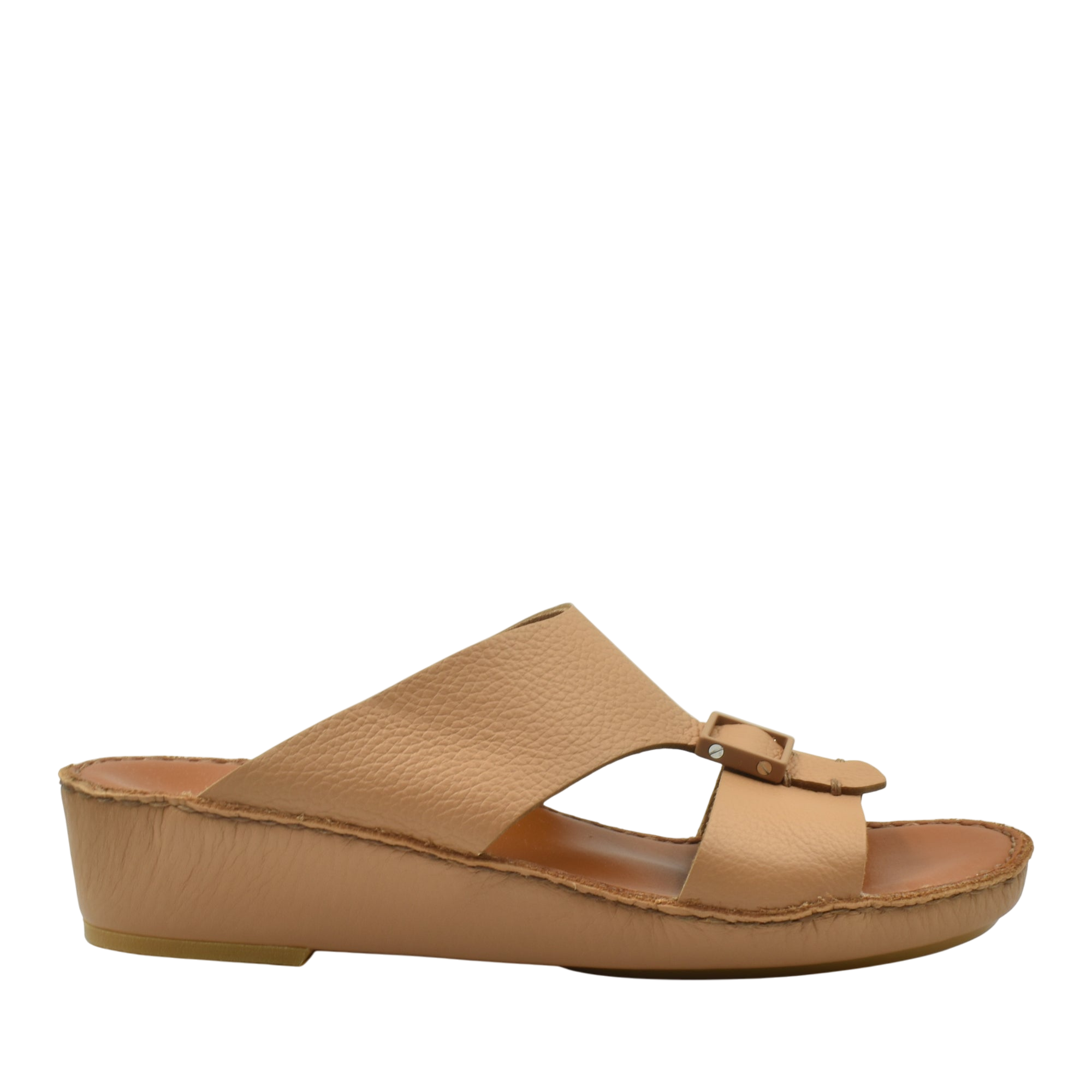 Private Collection luxury leather sandals in tan with wedge heel and buckle detail