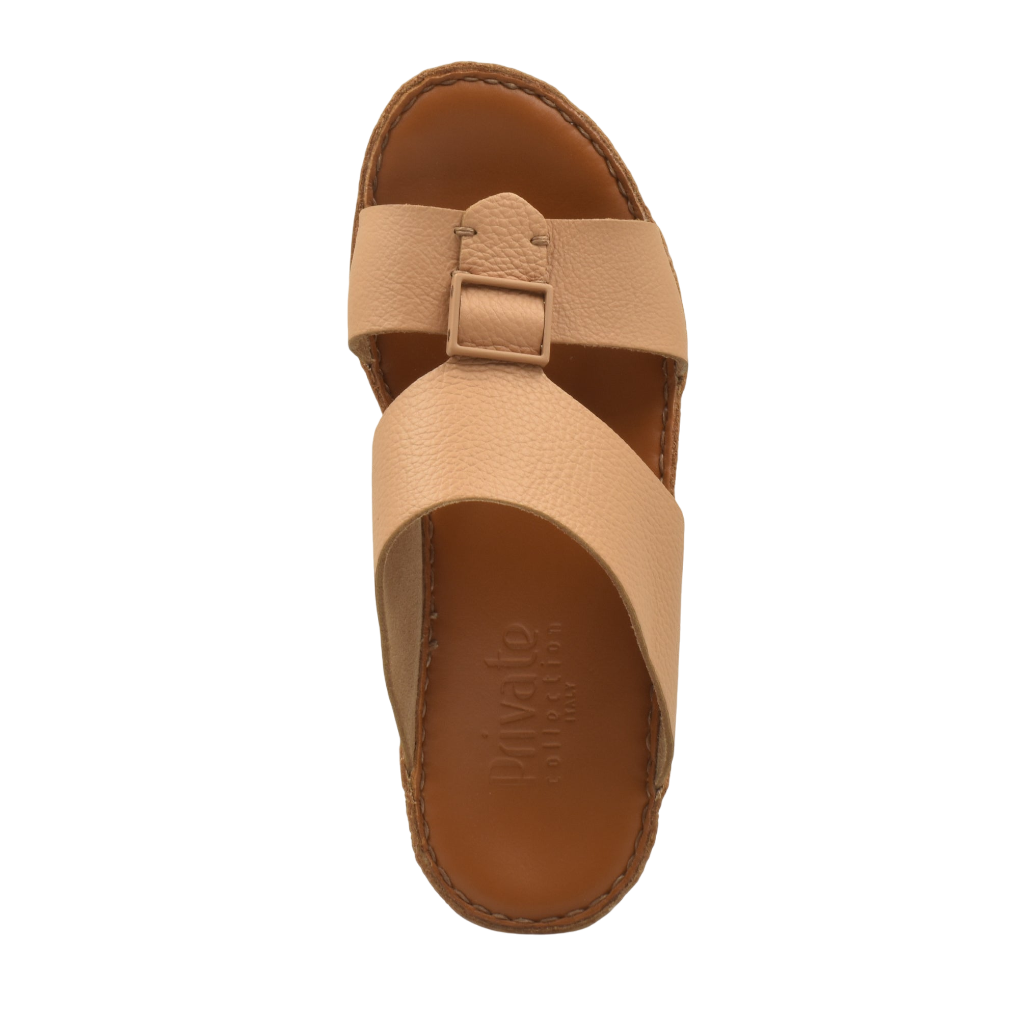 Private Collection luxury leather sandals in tan with crisscross straps and adjustable buckle
