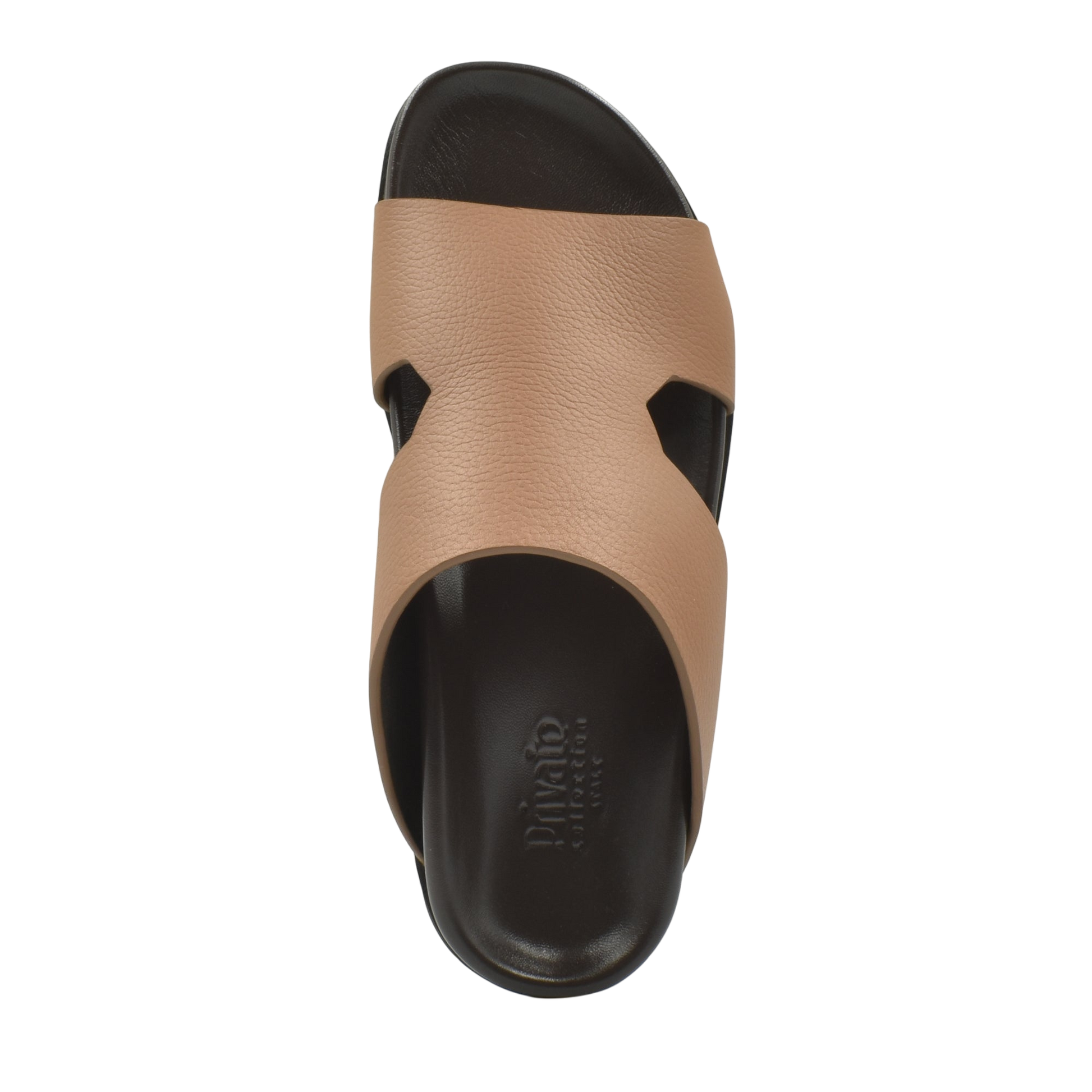 Top view of tan and black luxury leather sandals with cushioned footbed from Private Collection