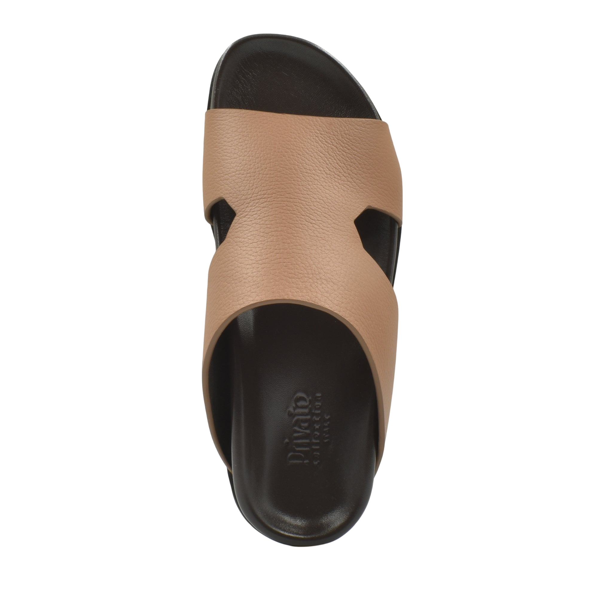Top view of tan and black luxury leather sandals with cushioned footbed from Private Collection
