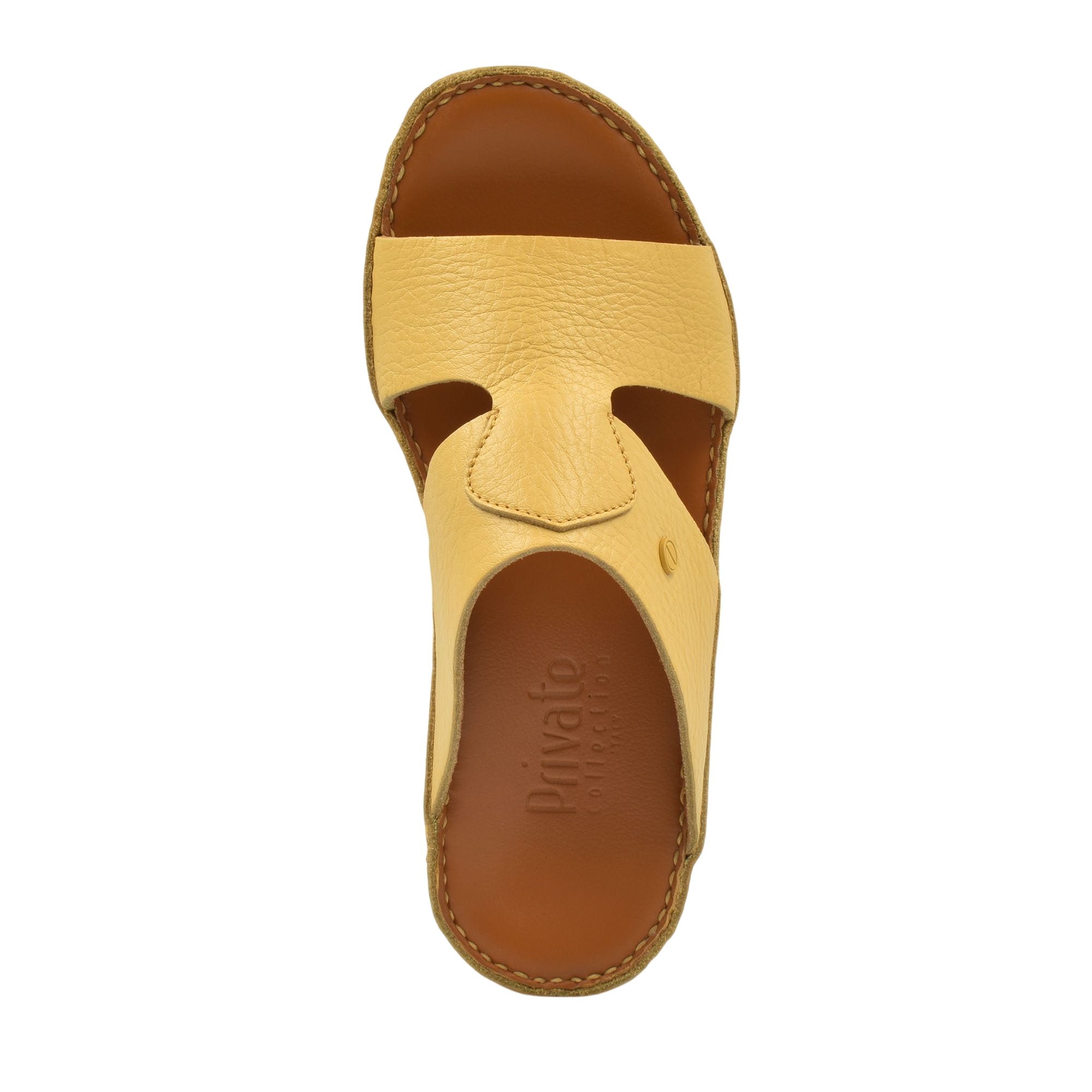 Top view of beige luxury leather sandals with brown footbed by Private Collection