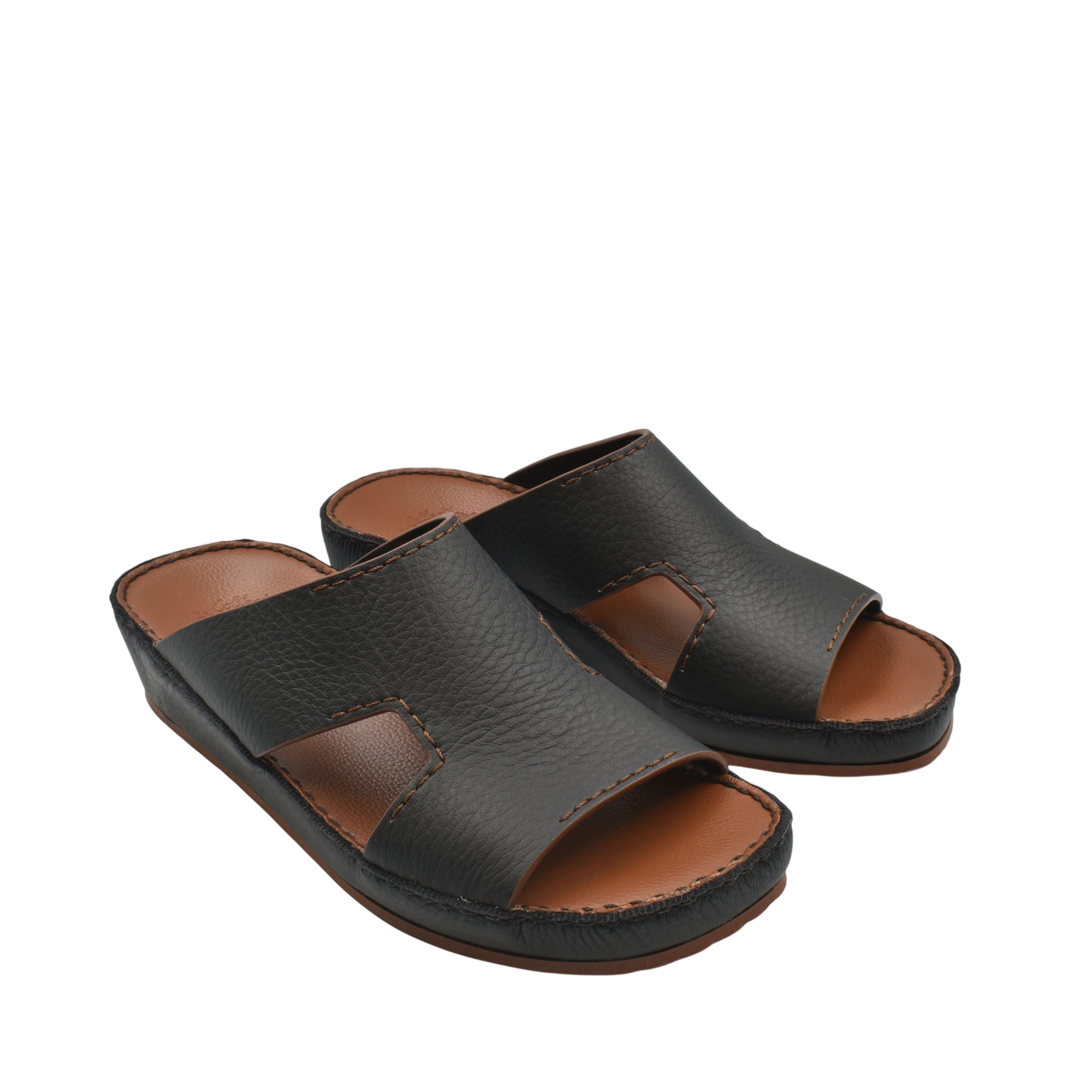 Black luxury leather slide sandals with open toe and cushioned brown footbed