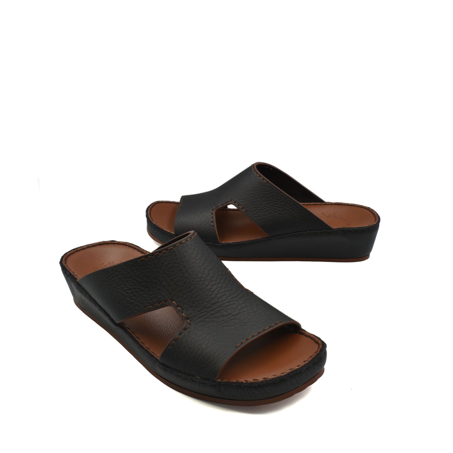 Black luxury leather slide sandals with cushioned sole for comfortable wear