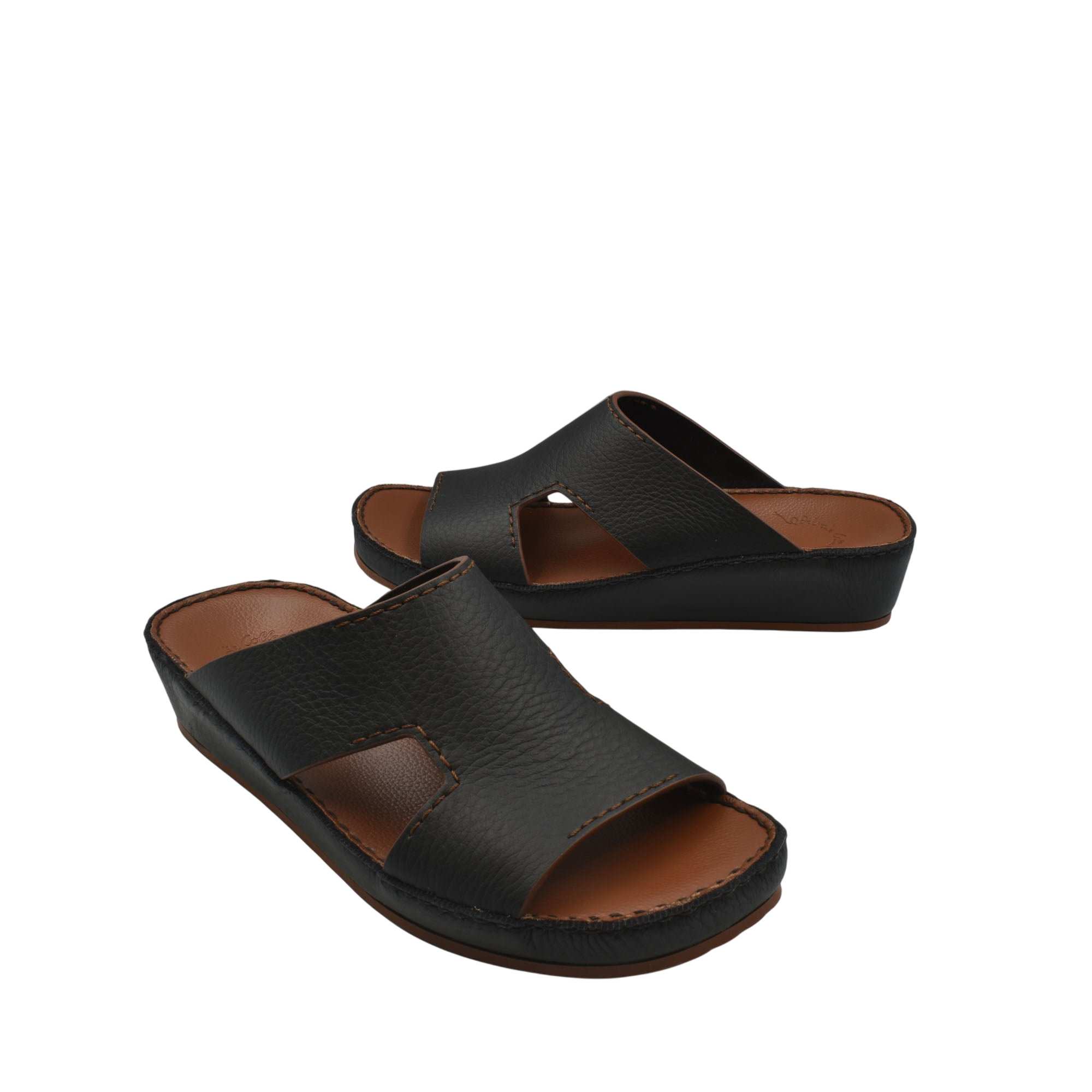 Black luxury leather slide sandals with cushioned sole for comfortable wear