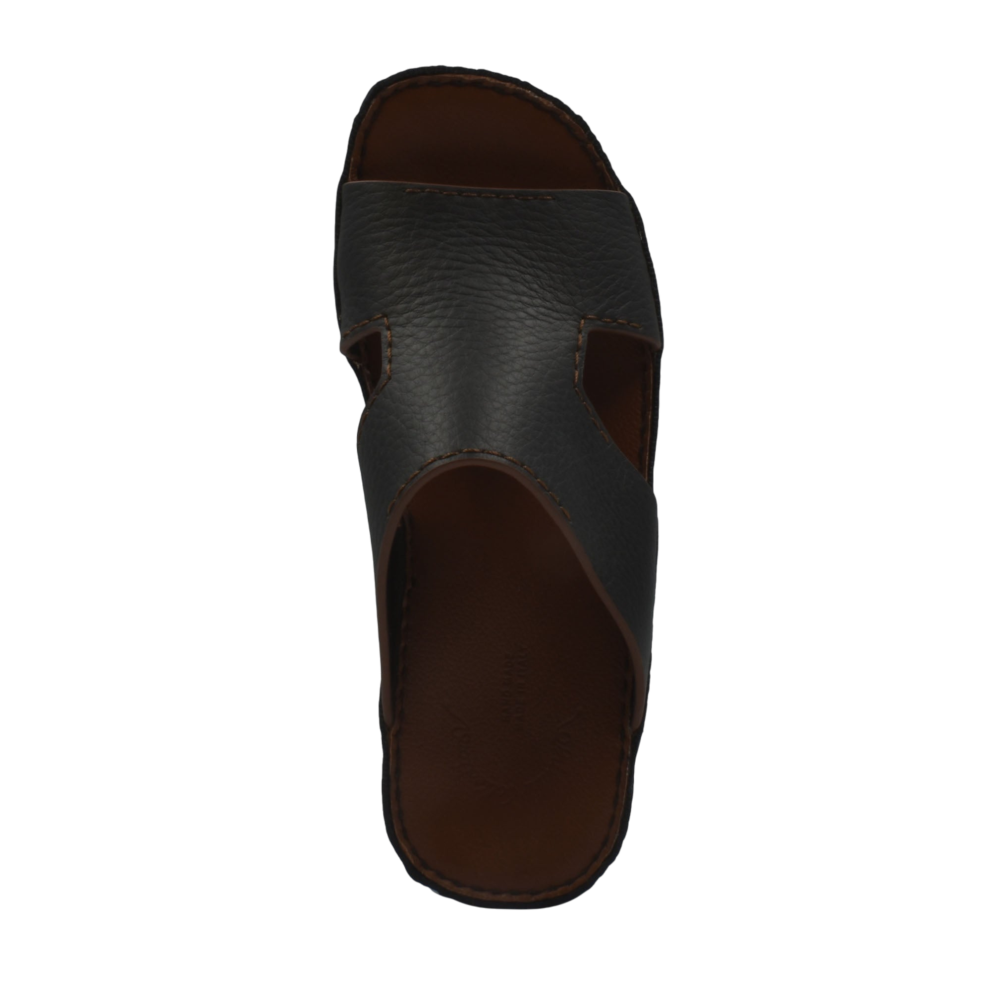 Black luxury leather slide sandals with textured upper and brown cushioned footbed