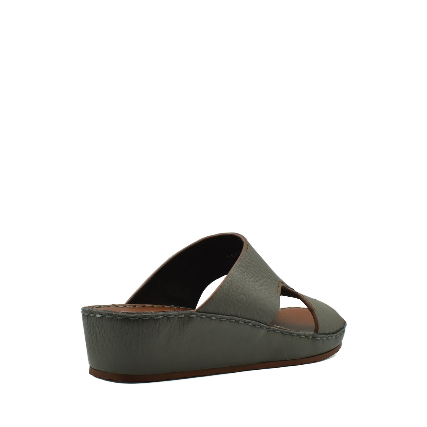 Gray luxury leather slide sandals with cushioned wedge sole from Private Collection