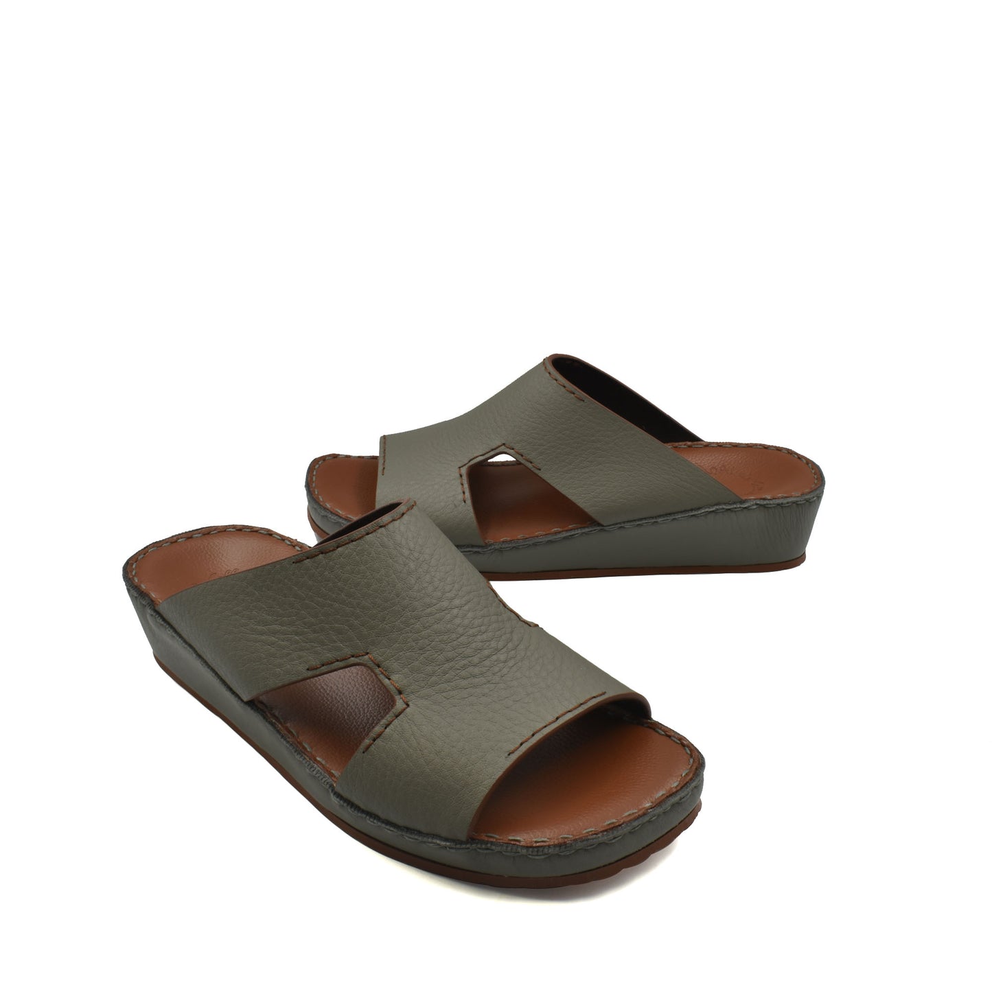 Gray luxury leather slide sandals with open toe and cushioned sole from private collection
