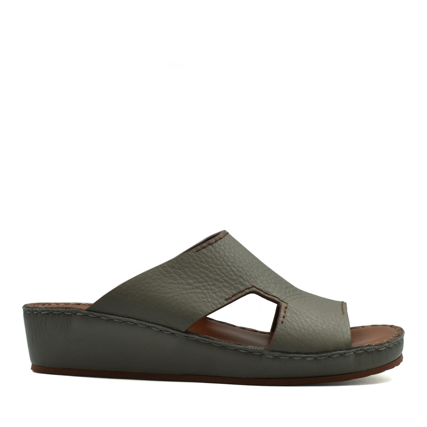 Gray luxury leather slide sandals with open toe and cushioned wedge sole for comfort