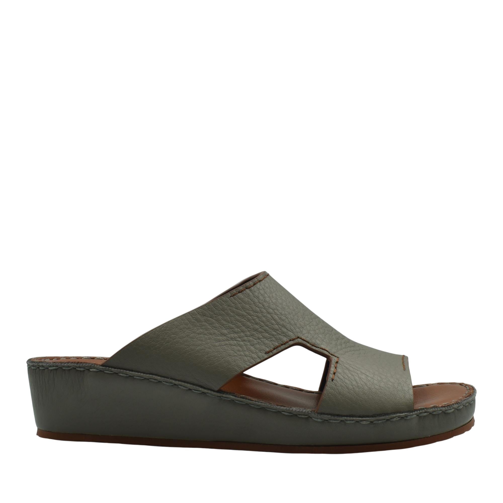 Gray luxury leather slide sandals with open toe and cushioned wedge sole for comfort