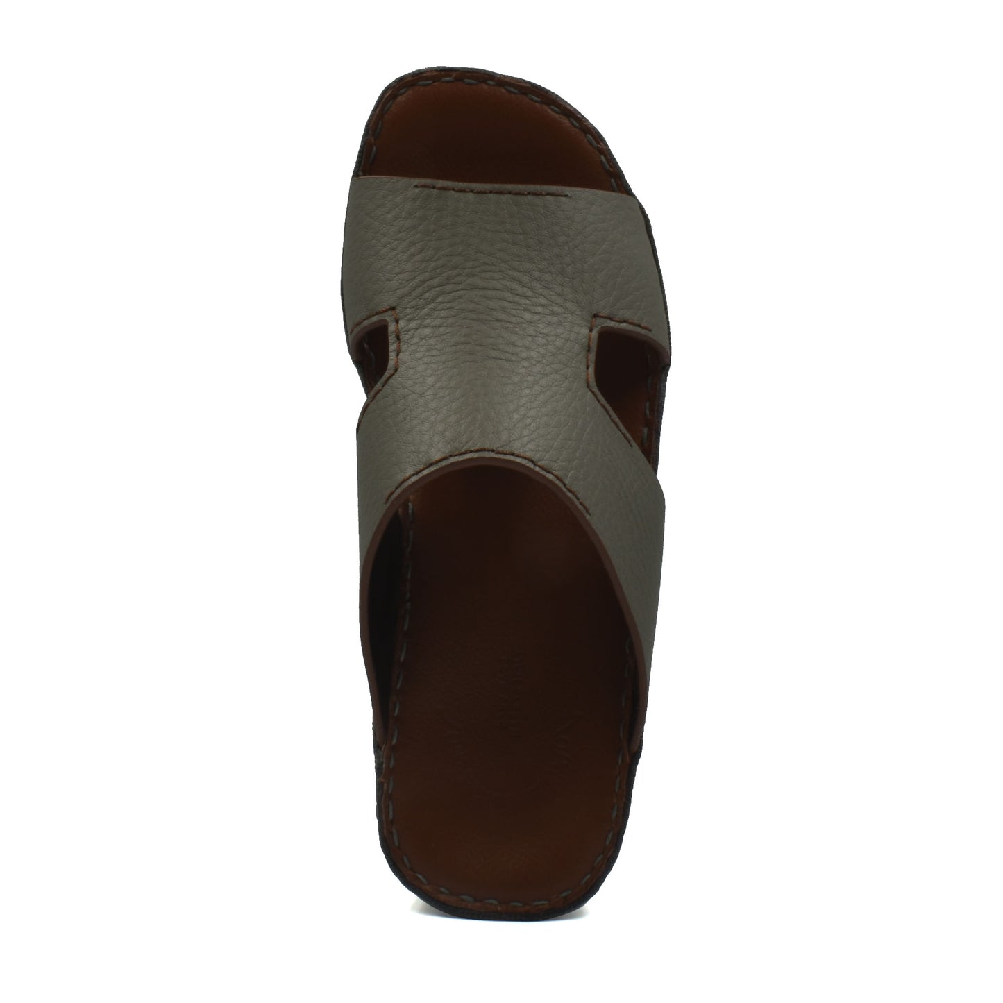 Top view of luxury leather slide sandals in brown with textured leather and cushioned sole