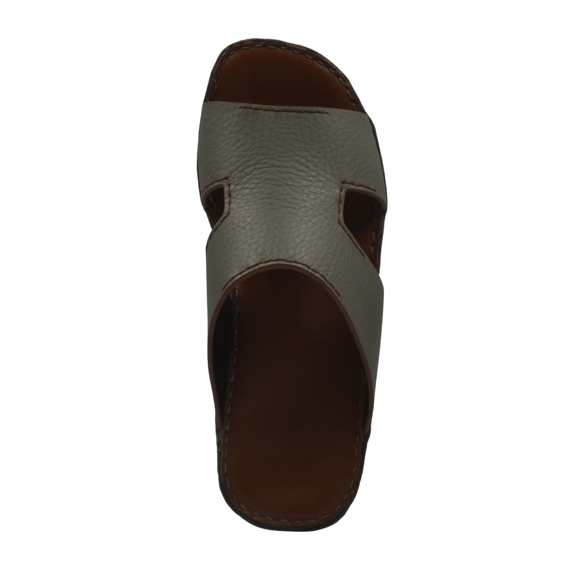 Top view of luxury leather slide sandals in brown with textured leather and cushioned sole