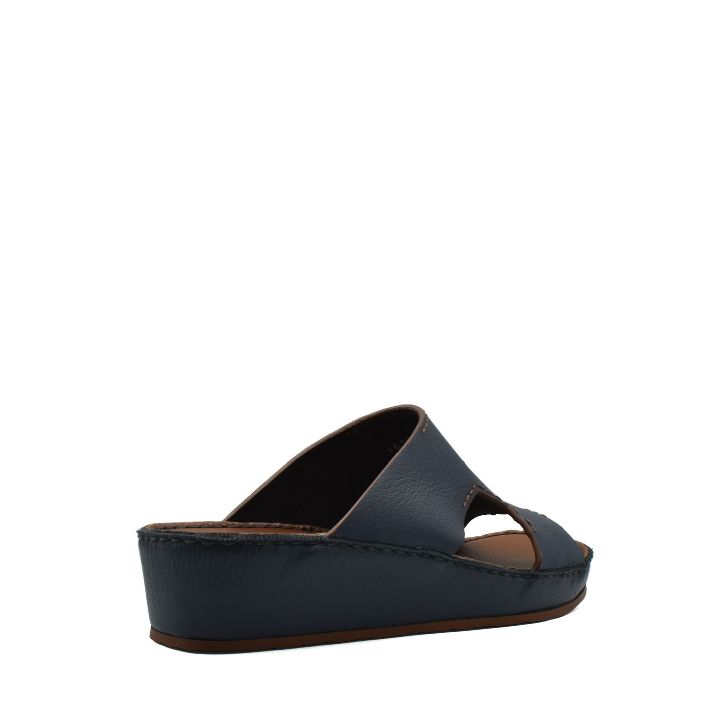 Navy blue luxury leather slide sandals with open toe and comfortable wedge sole