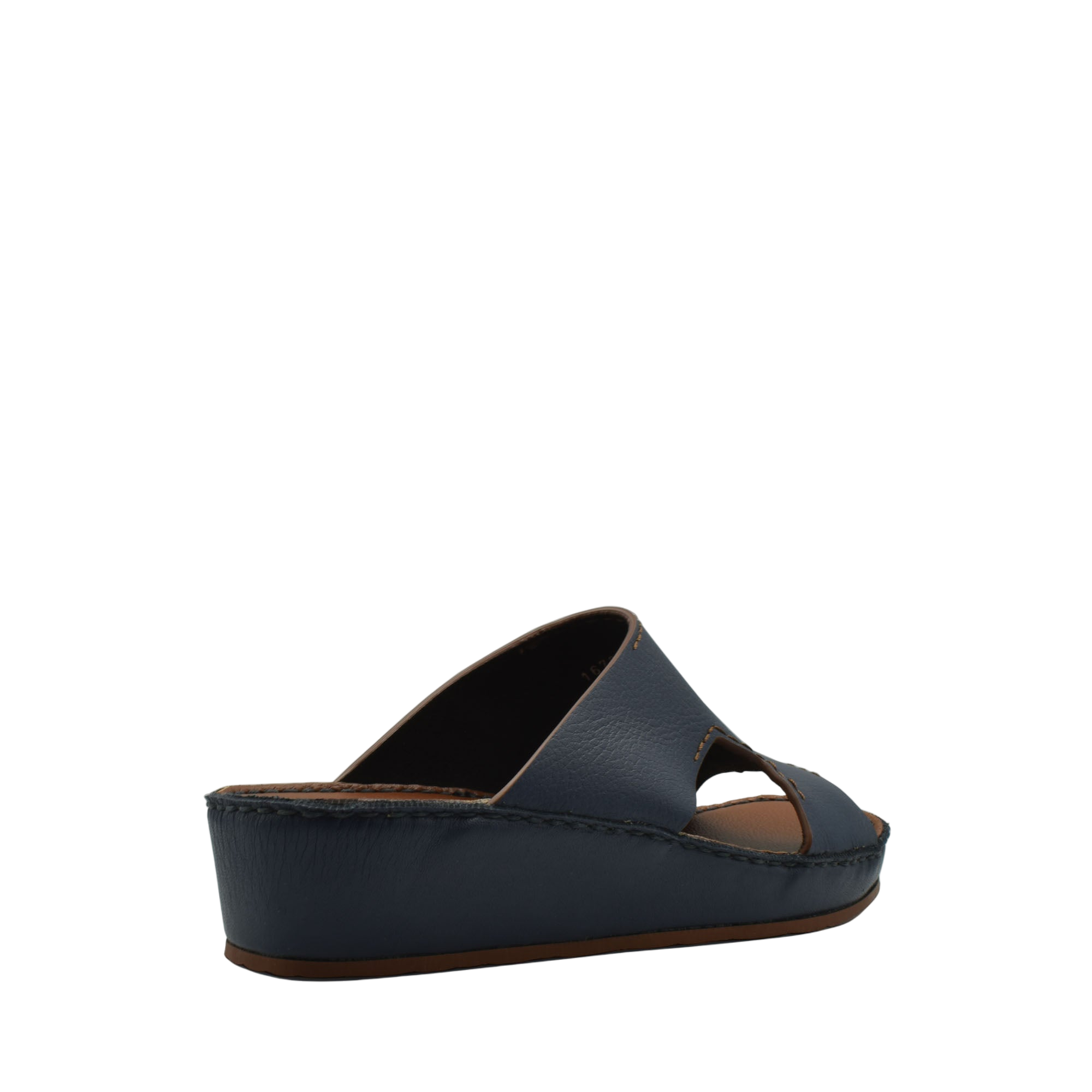 Navy blue luxury leather slide sandals with open toe and comfortable wedge sole