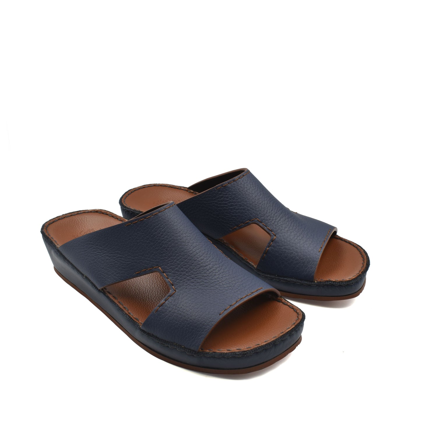 Blue luxury leather slide sandals with open toe and cushioned brown insole from private collection