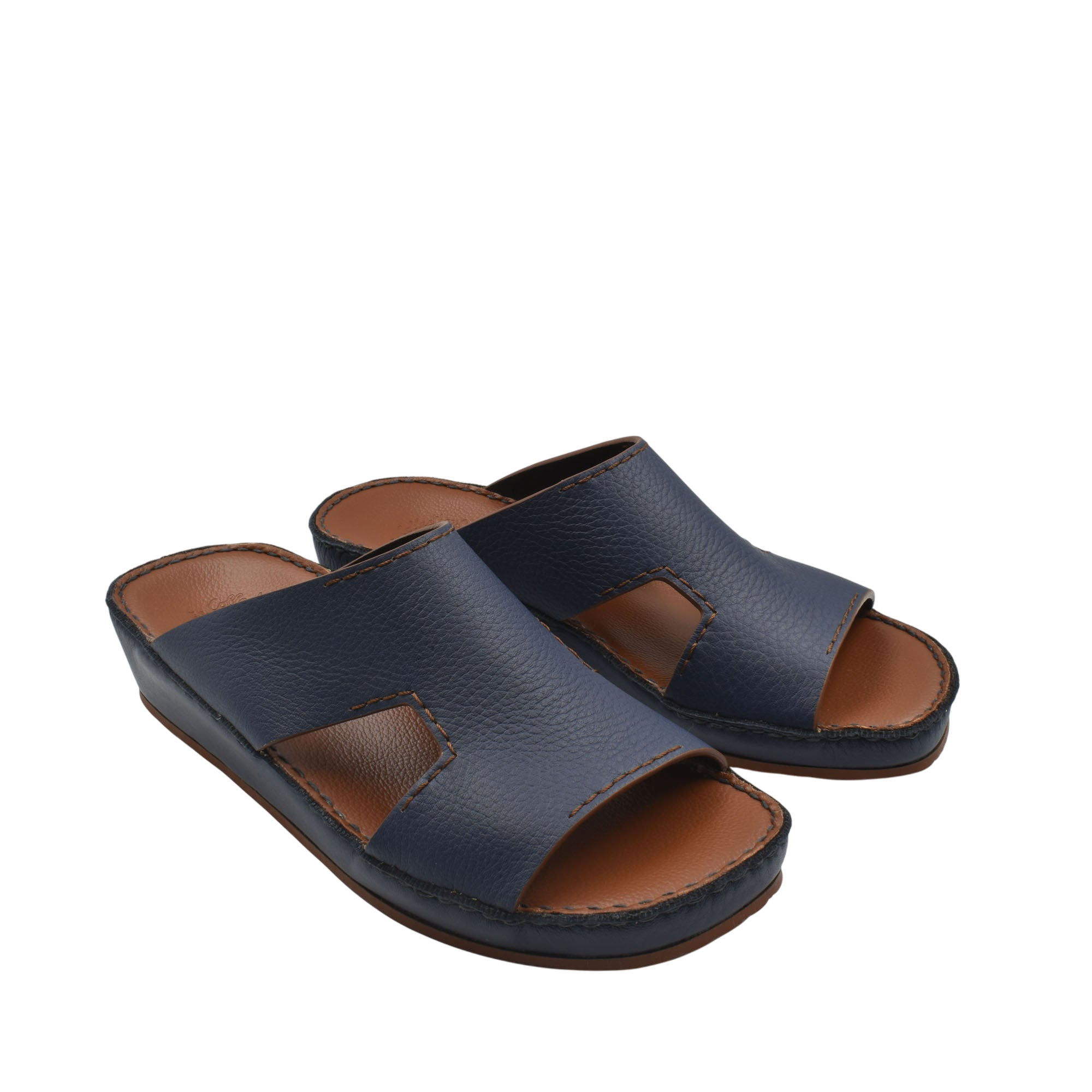 Blue luxury leather slide sandals with open toe and cushioned brown insole from private collection