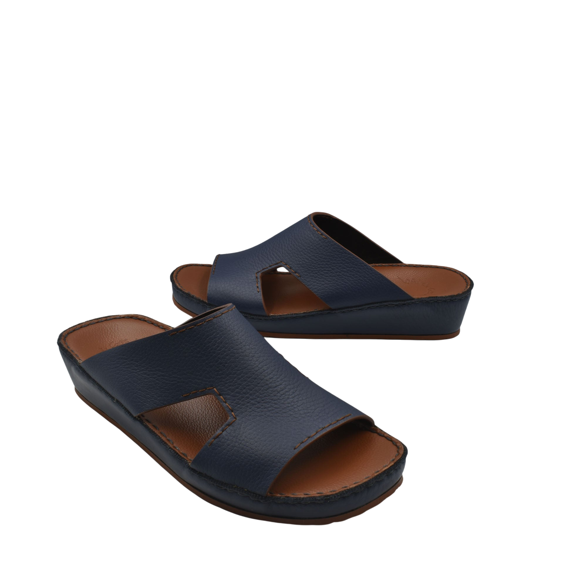 Pair of navy blue luxury leather slide sandals with cushioned sole and open toe design