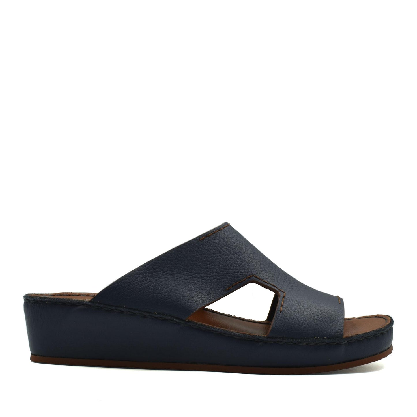 Navy blue luxury leather slide sandals with open toe and cushioned sole from private collection