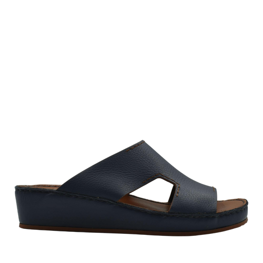 Navy blue luxury leather slide sandals with open toe and cushioned sole from private collection