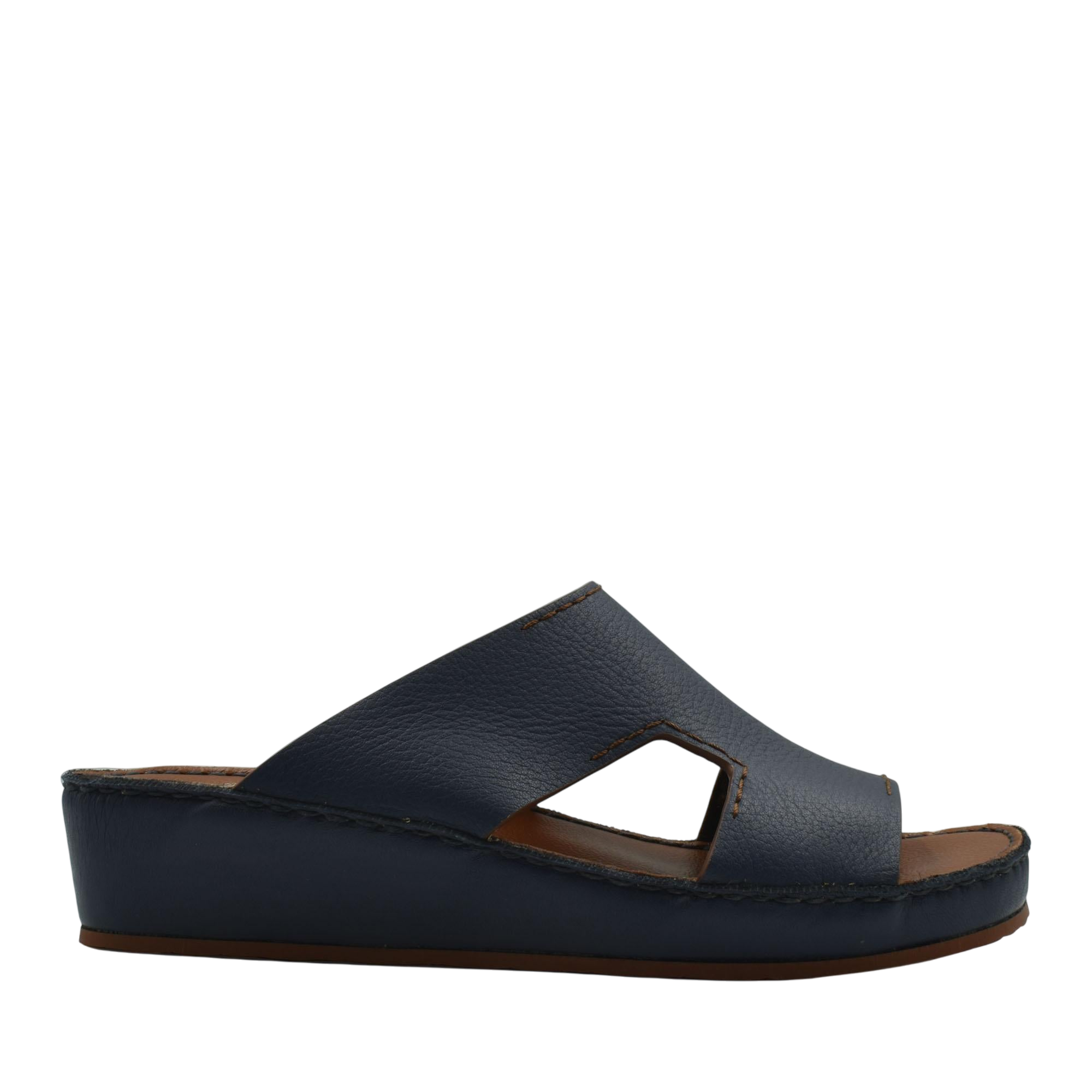 Navy blue luxury leather slide sandals with open toe and cushioned sole from private collection