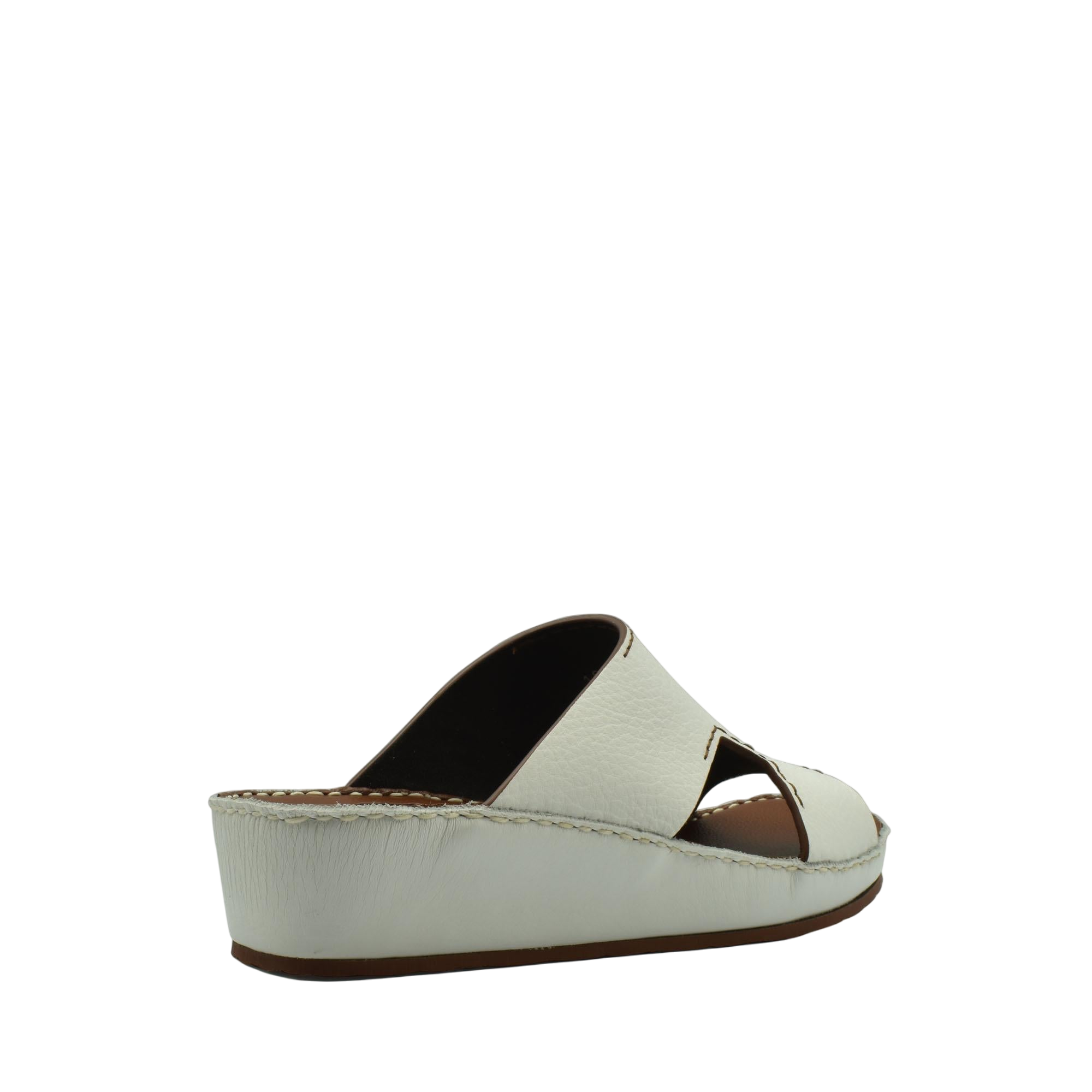 White luxury leather slide sandals with open toe and cushioned wedge sole