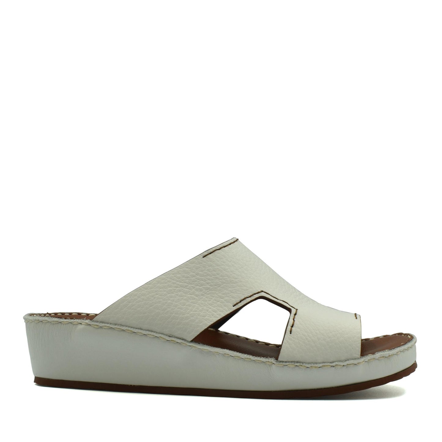 White luxury leather slide sandals with open toe and stitched detailing from private collection
