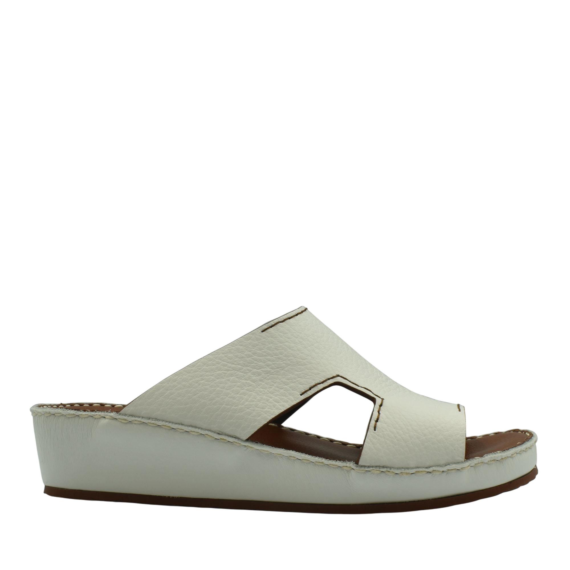 White luxury leather slide sandals with open toe and stitched detailing from private collection