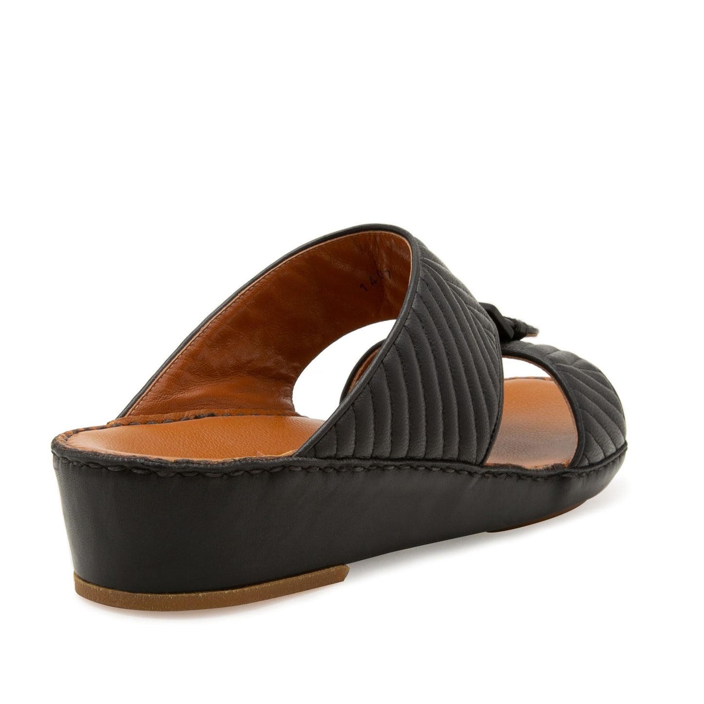Black luxury matelasse footwear slide sandal with quilted design and low wedge heel