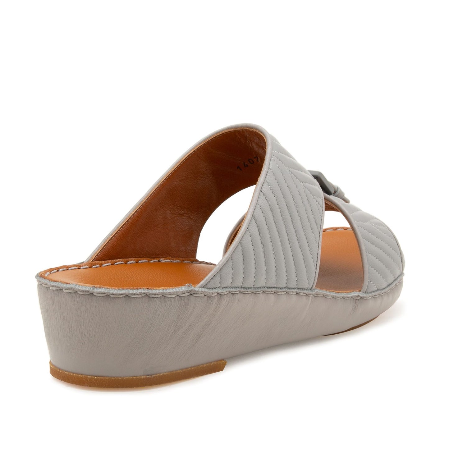 Gray luxury matelasse footwear slide sandal with quilted upper and low wedge heel