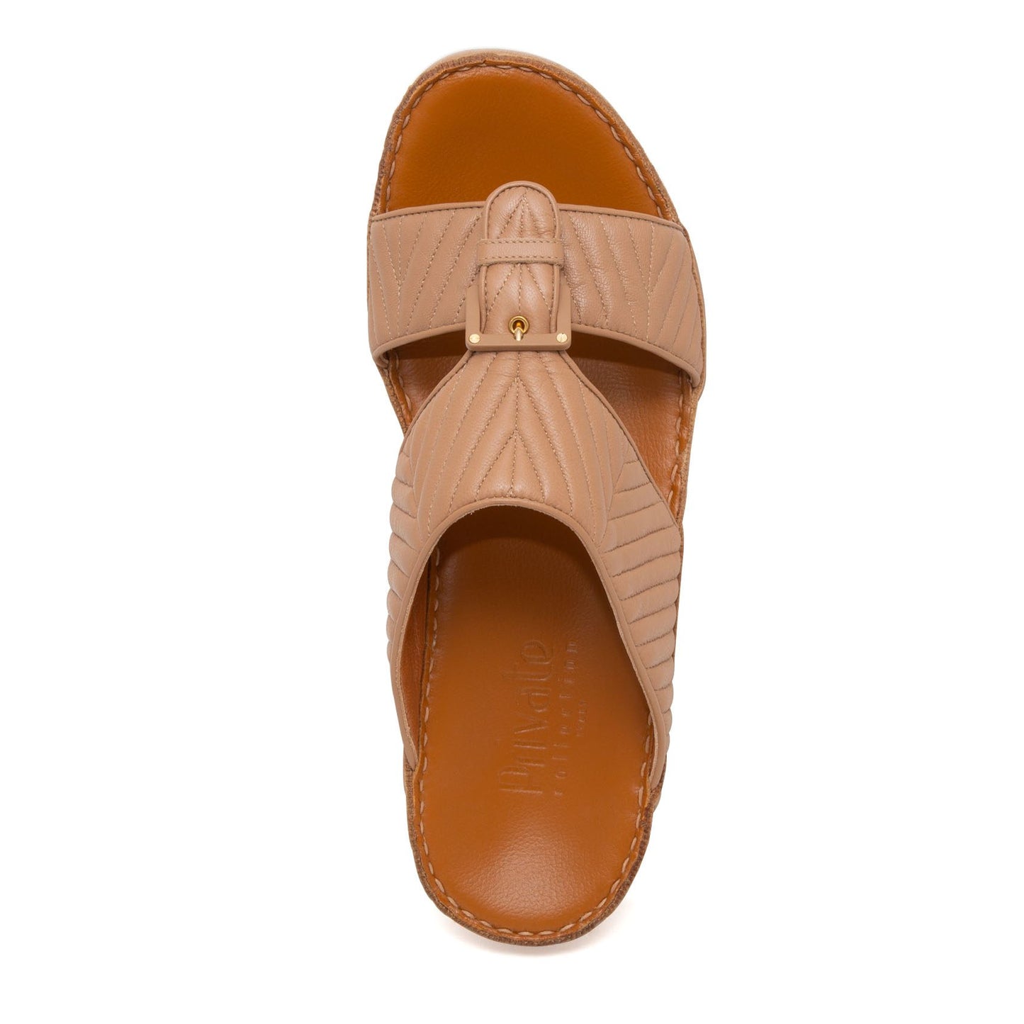 Top view of luxury matelasse footwear in beige with leather sole and quilted design