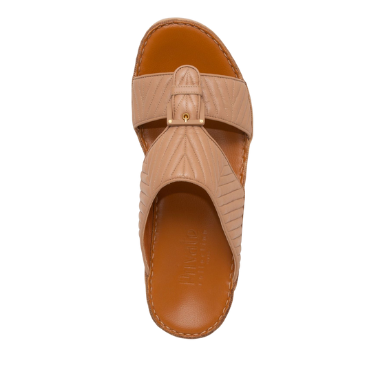 Top view of luxury matelasse footwear in beige with leather sole and quilted design
