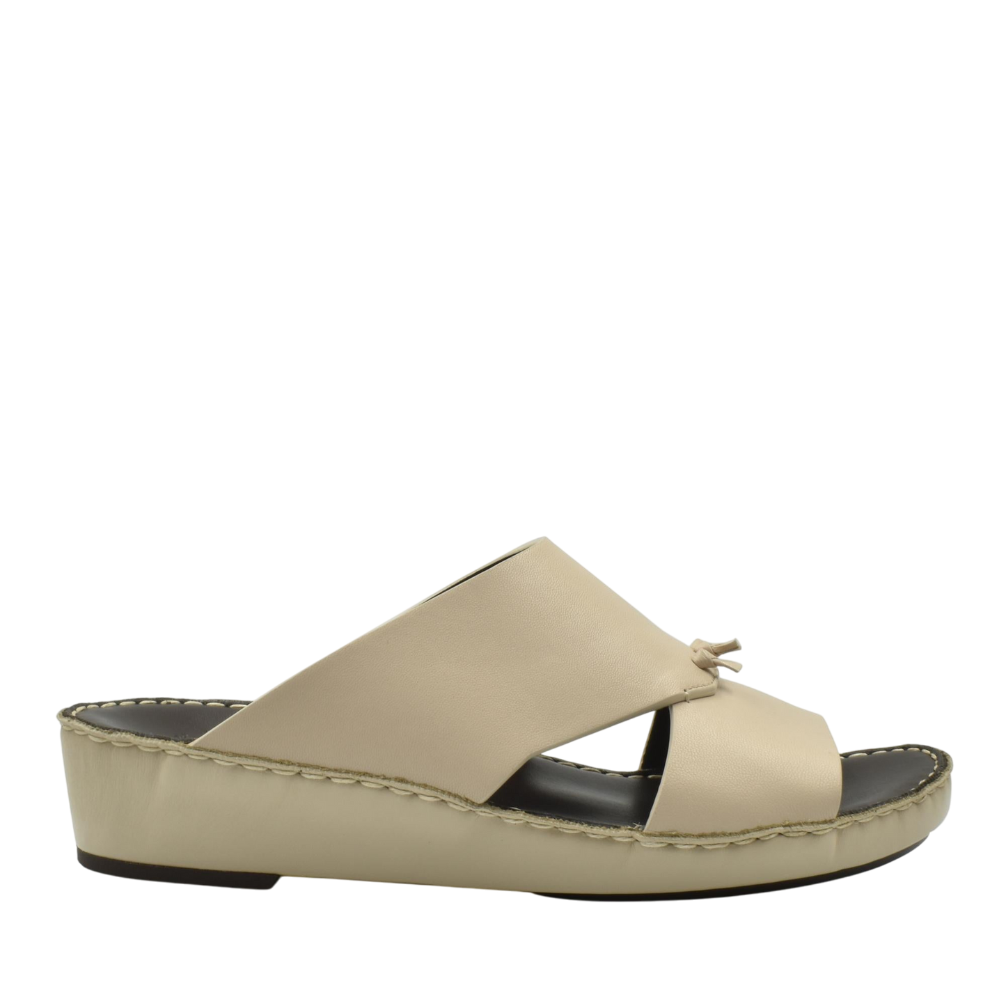 Beige luxury nappa leather sandal with open toe and low wedge heel for comfortable wear