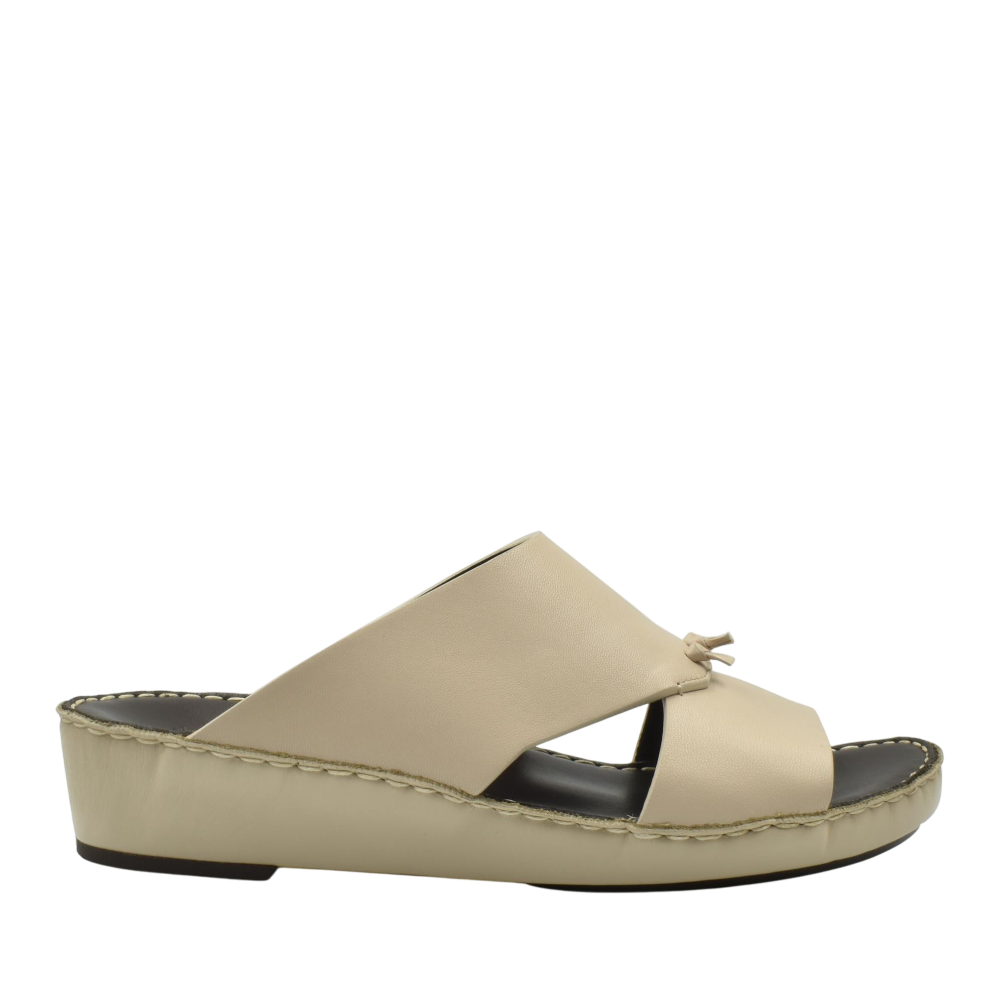 Beige luxury nappa leather sandal with open toe and low wedge heel for comfortable wear