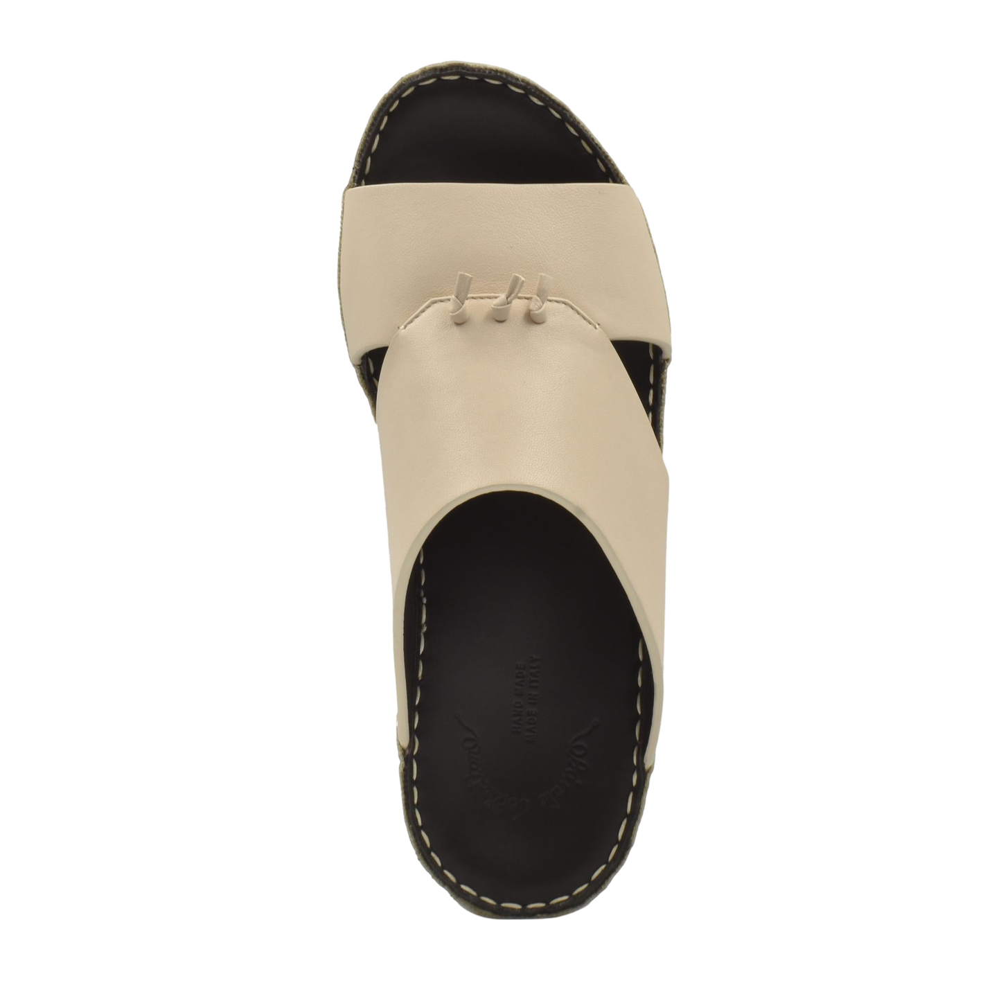 Top view of a beige luxury nappa leather sandal with black sole and contrast stitching