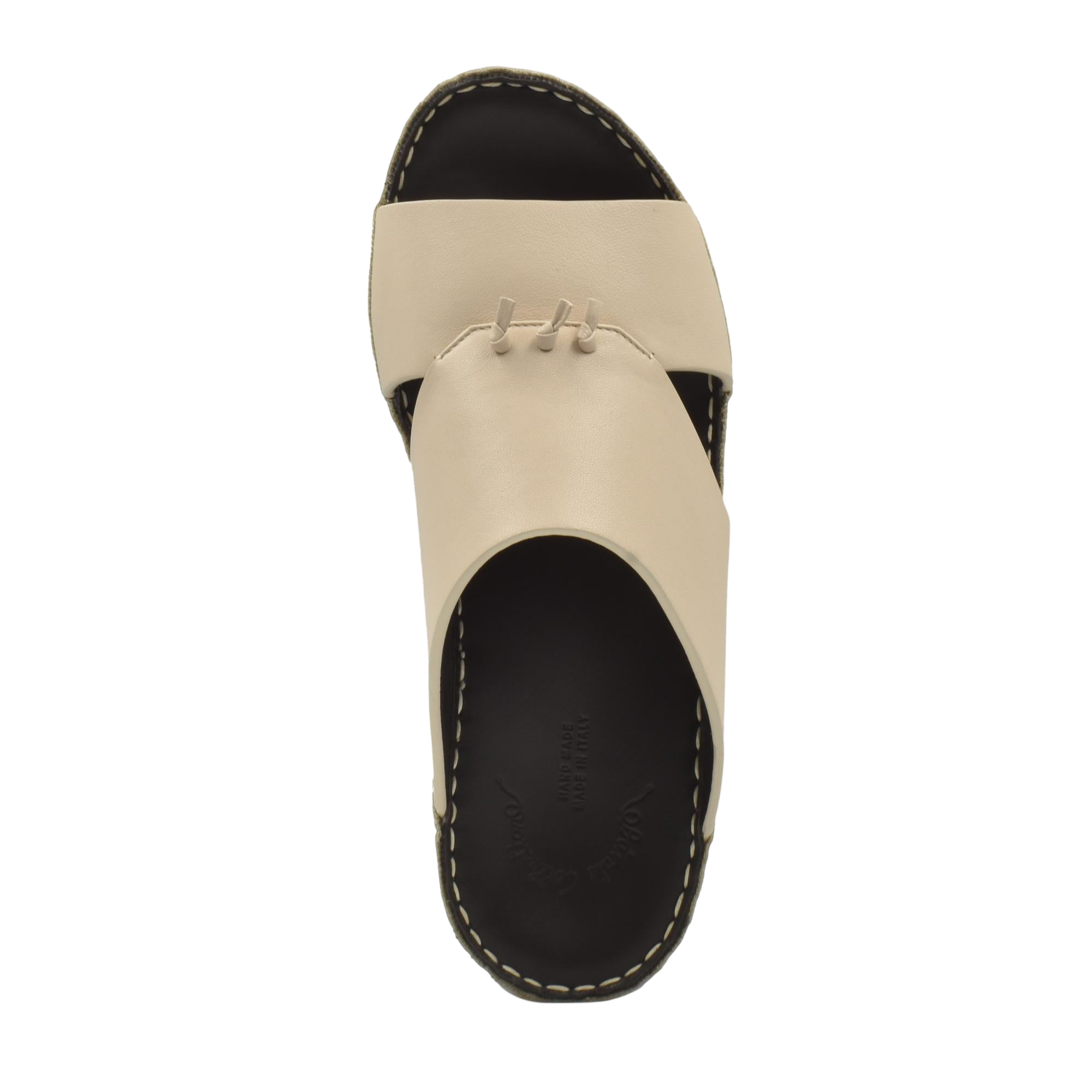 Top view of a beige luxury nappa leather sandal with black sole and contrast stitching
